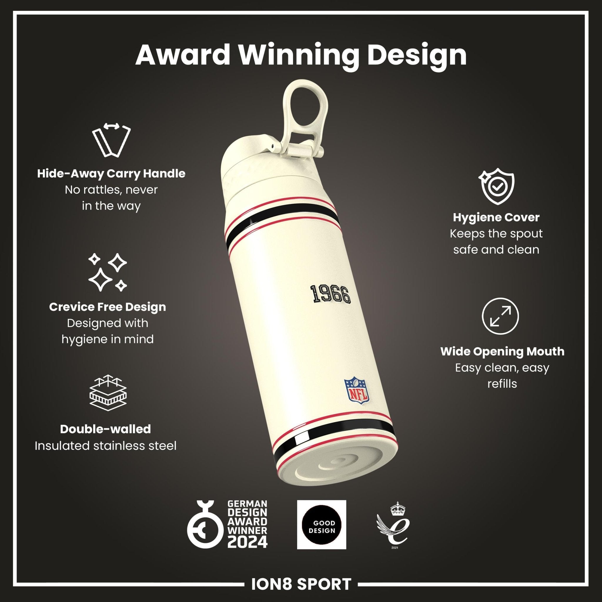 ION8 NFL Falcons insulated steel water bottle, 750ml, featuring team logo and durable design for cold beverages.
