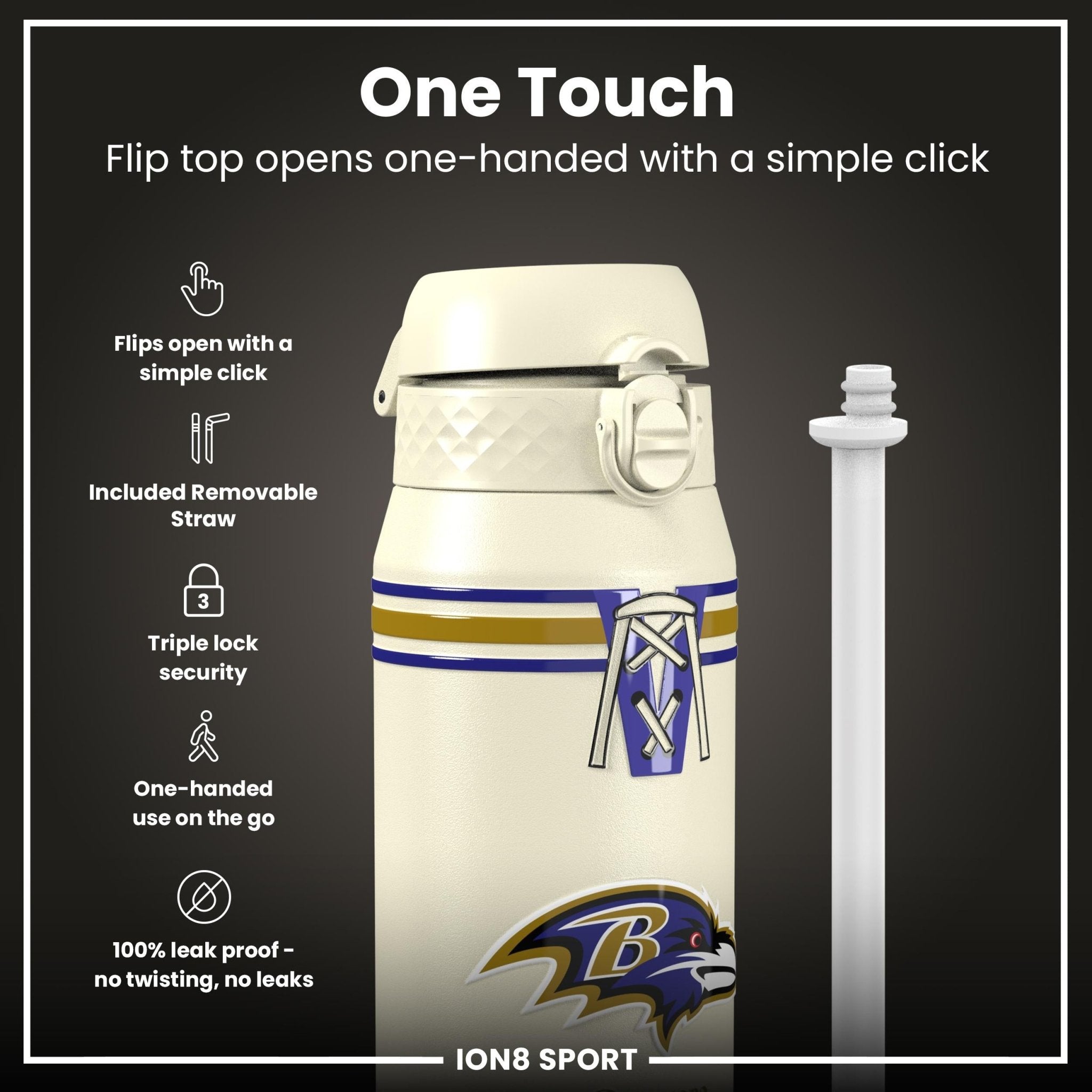 ION8 NFL Ravens insulated steel water bottle, 750ml, featuring Ravens logo and black finish, durable and leak-proof hydration bottle.