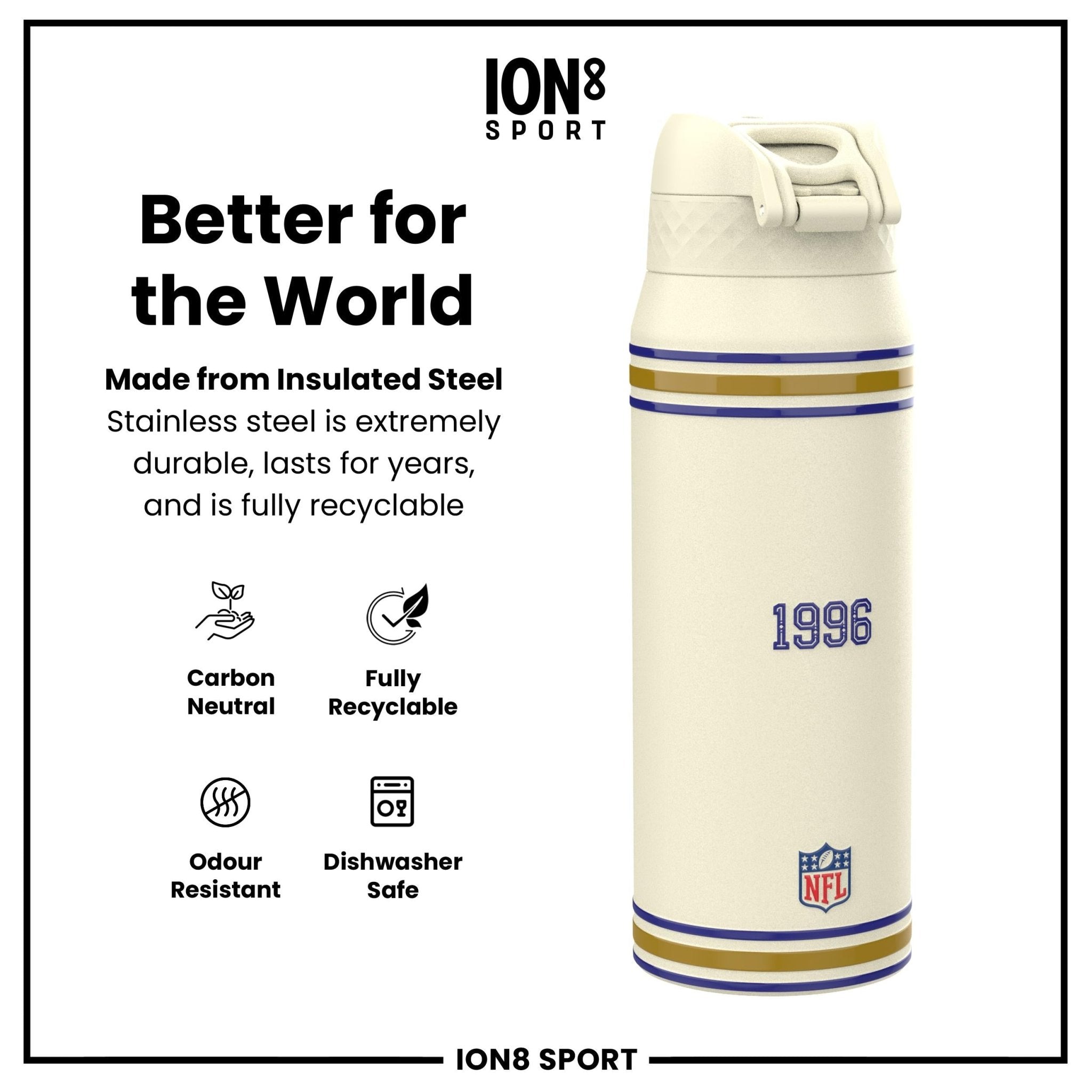 ION8 NFL Ravens insulated steel water bottle, 750ml, with team logo and leak-proof cap, durable for sports and outdoor use