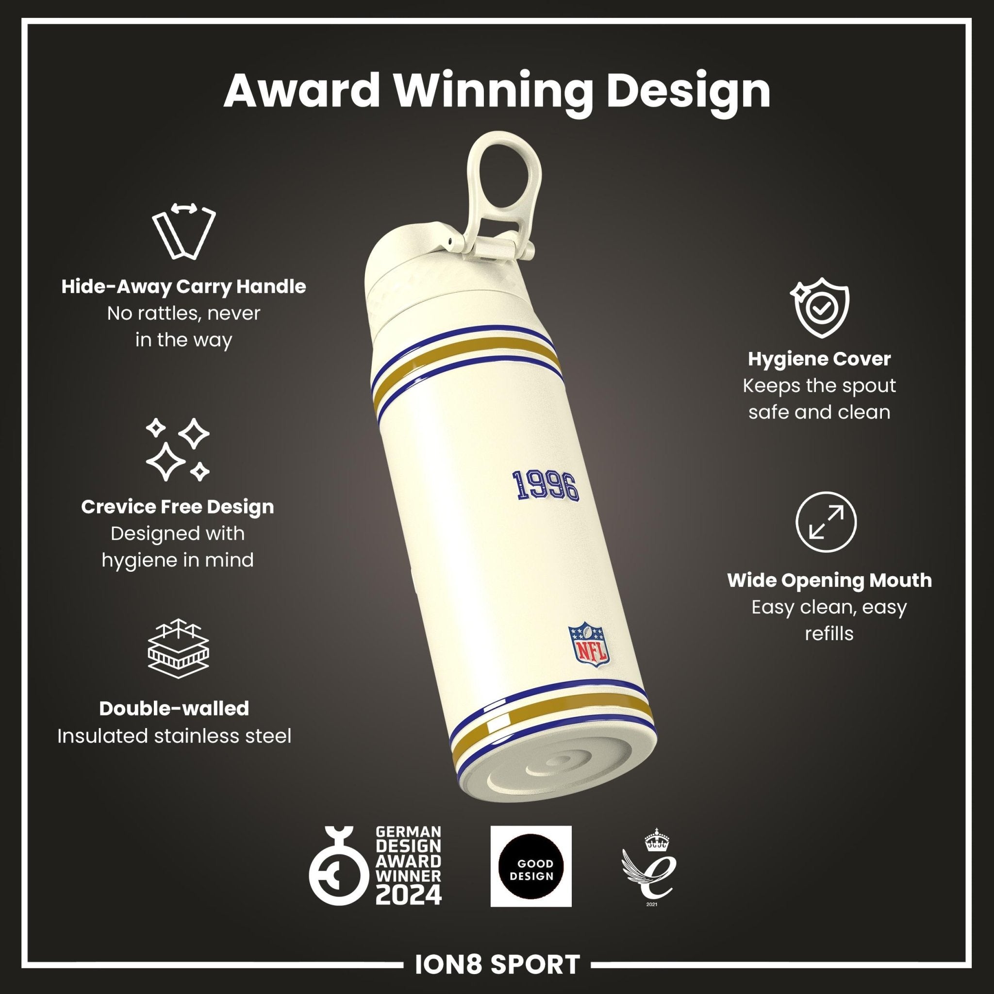 NFL Ravens insulated steel water bottle by ION8, 750ml (24oz), featuring team logo and durable design for hot or cold drinks.