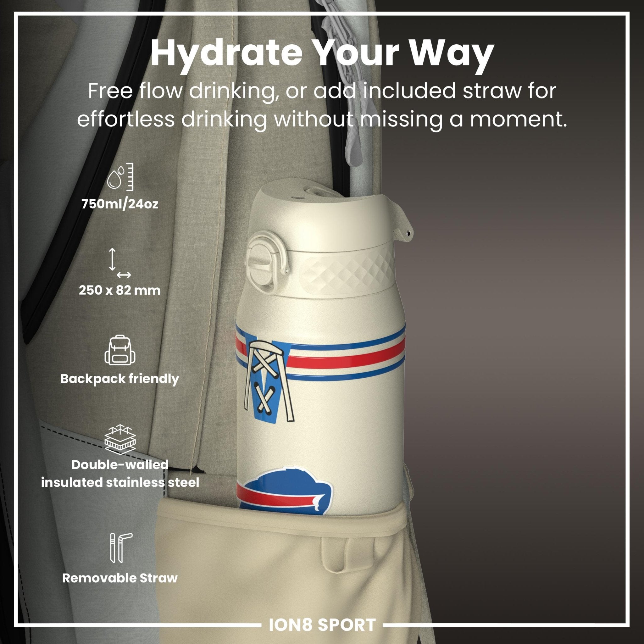 ION8 NFL Bills insulated steel water bottle, 750ml (24oz), durable, leak-proof, with team logo and vibrant design.