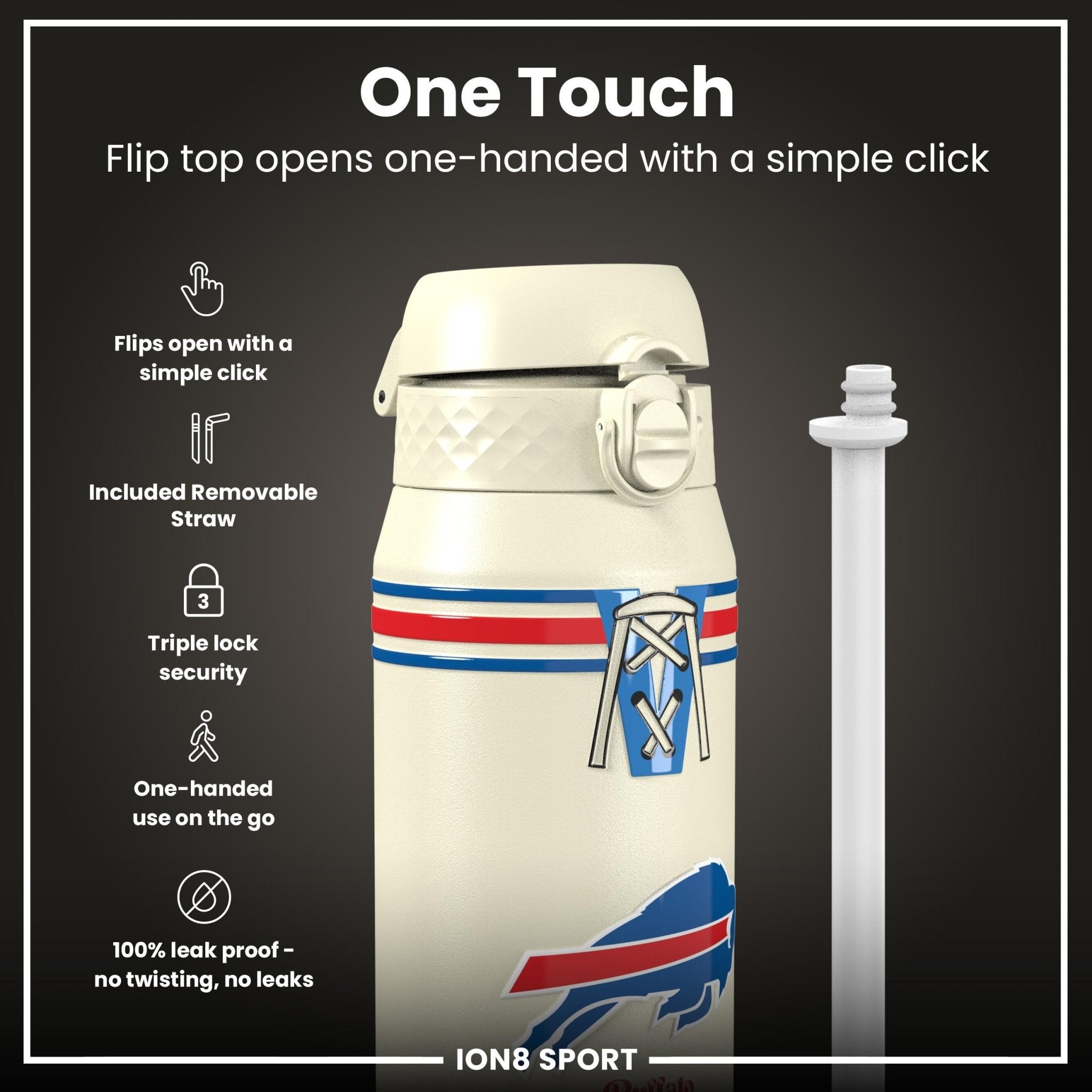 ION8 insulated steel water bottle featuring NFL Bills logo, 750ml capacity, durable design, and leak-proof lid.