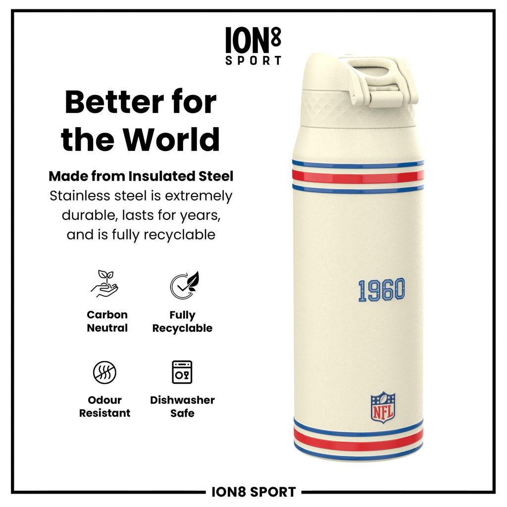 ION8 NFL Bills insulated steel water bottle, 750ml, with team logo and design, durable and leak-proof for sports and outdoor use.