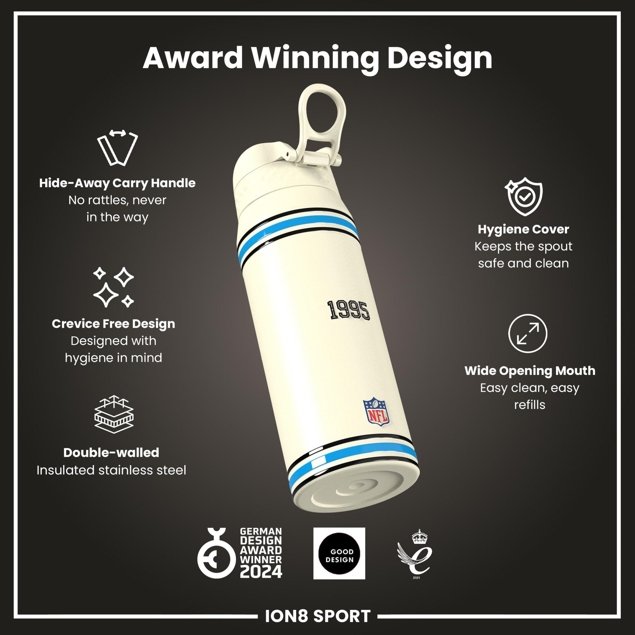ION8 NFL Panthers insulated steel water bottle, 750ml, 24oz, durable design with team logo and leak-proof lid.