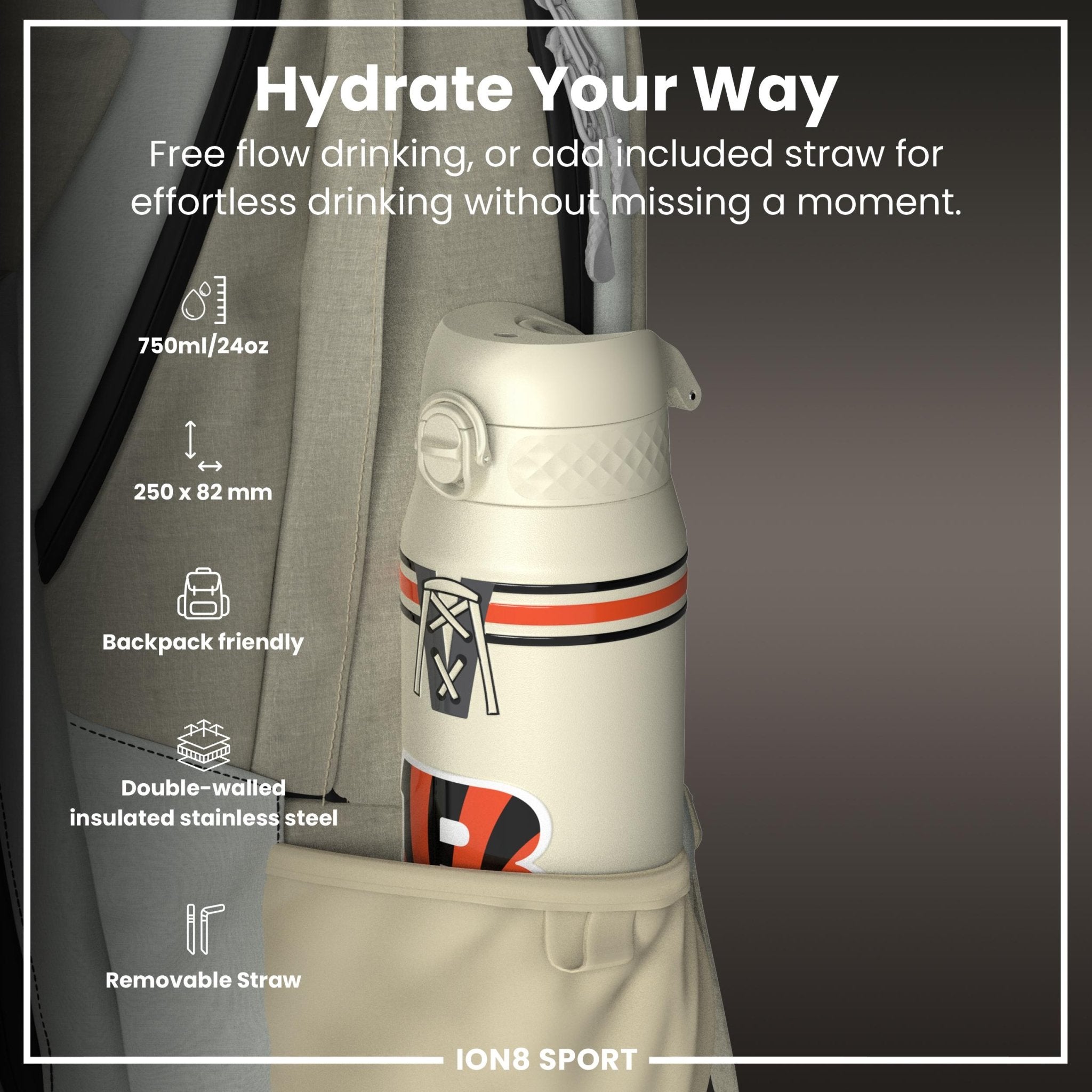 Insulated steel water bottle by ION8 with NFL Bengals logo, 750ml capacity, featuring a durable design and vibrant team colors.