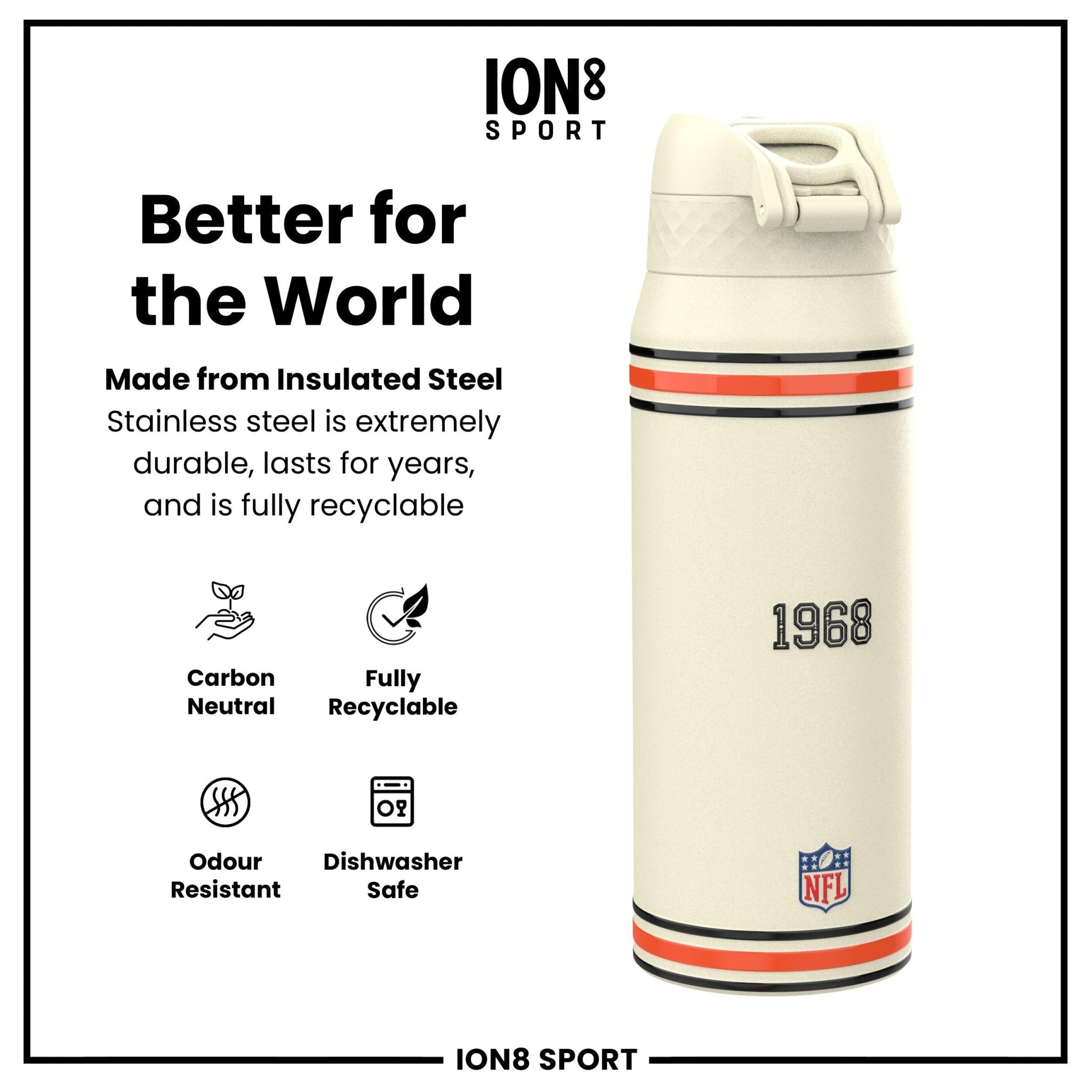 Ion8 insulated steel water bottle featuring NFL Bengals design, 750ml (24oz) capacity, with a sleek, durable construction.