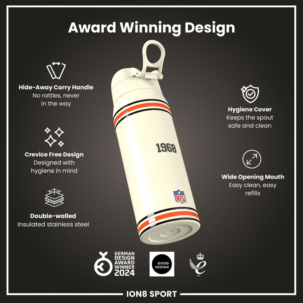 ION8 NFL Bengals insulated steel water bottle, 750ml, durable design with team logo, ideal for keeping drinks hot or cold.