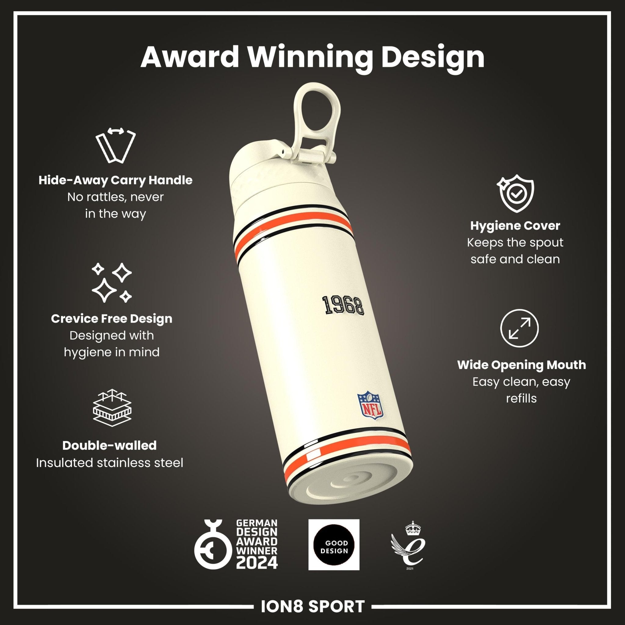 ION8 NFL Bengals insulated steel water bottle, 750ml, durable design with team logo, ideal for keeping drinks hot or cold.