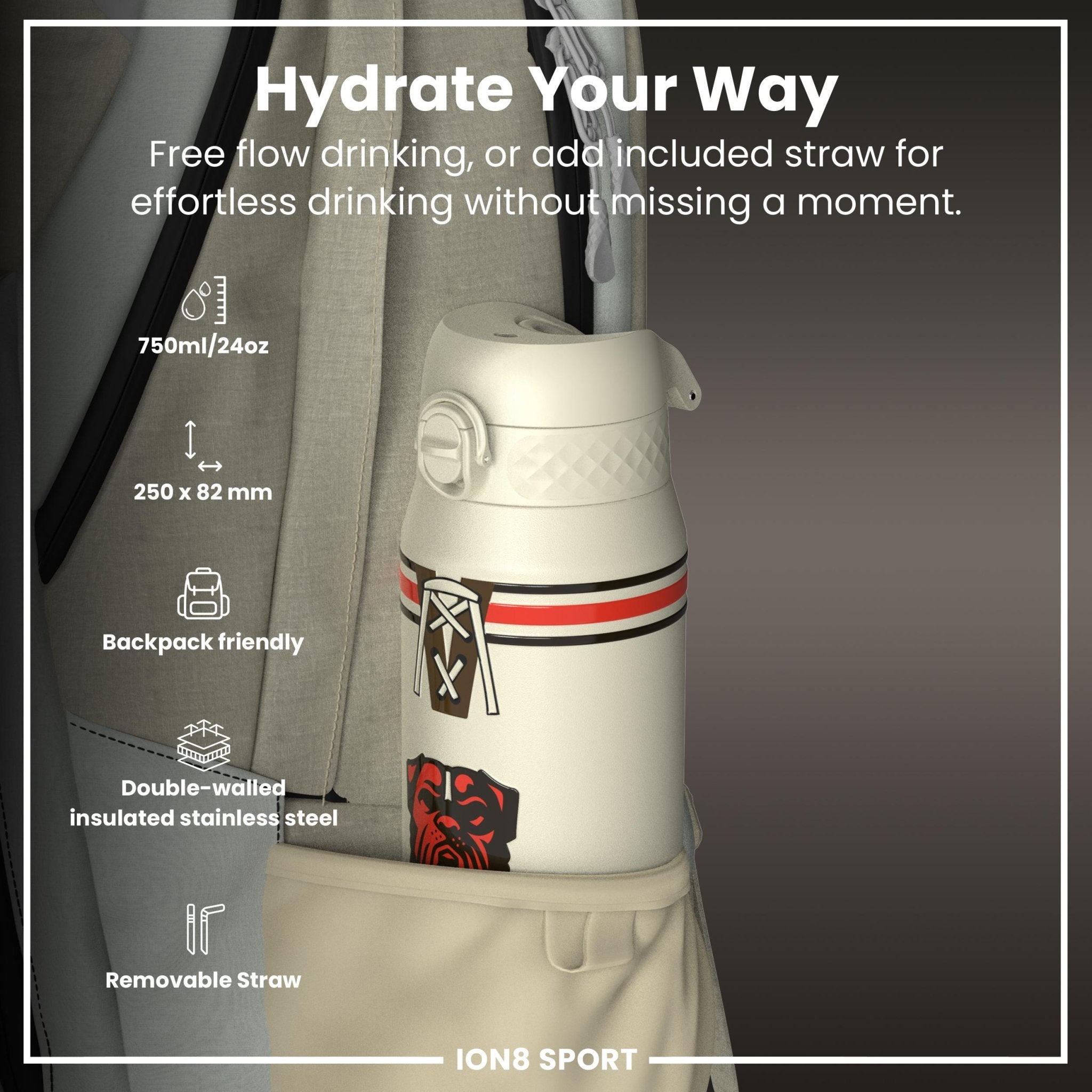 ION8 NFL Browns insulated steel water bottle, 750ml (24oz), with NFL Browns logo and stainless steel design.