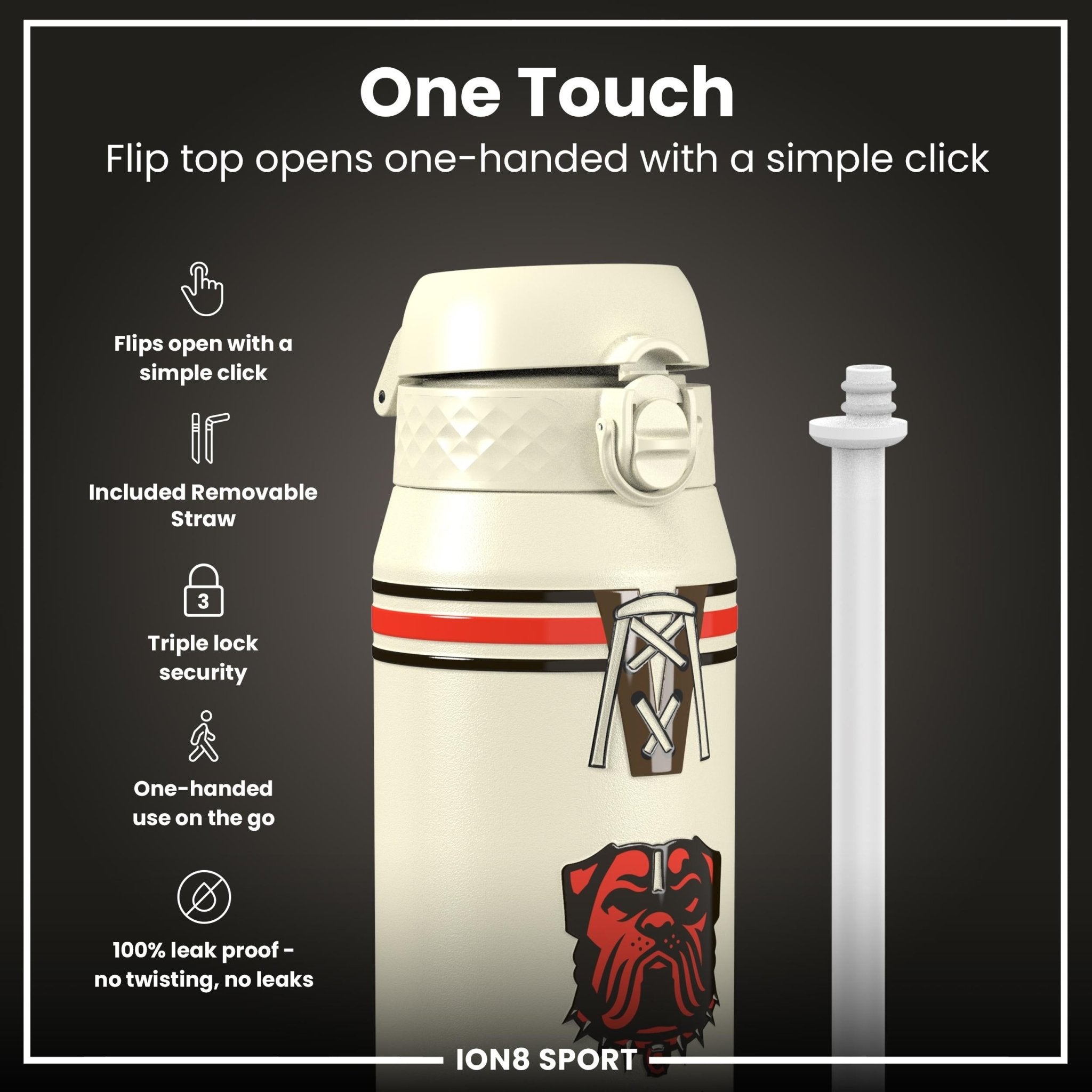 ION8 insulated steel water bottle with NFL Browns logo, 750ml (24oz), featuring a sleek design and secure leak-proof lid.