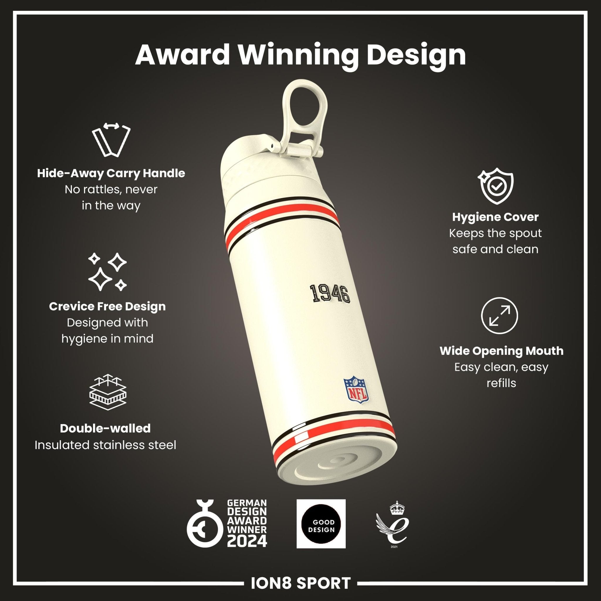 Ion8 NFL Browns insulated steel water bottle, 750ml, with team logo, durable design, and leak-proof lid for sports and outdoor use.