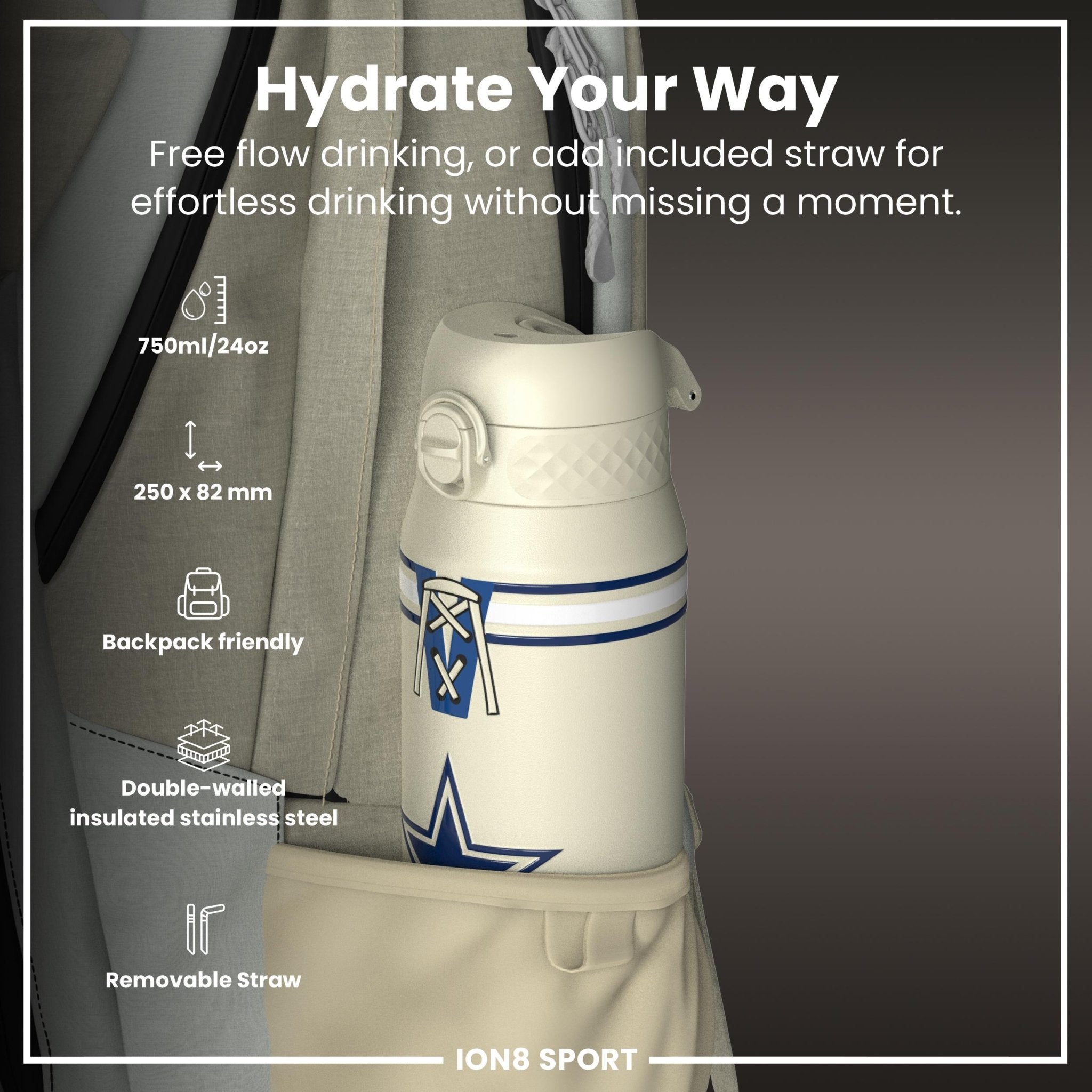 ION8 insulated steel water bottle featuring NFL Cowboys design, 750ml capacity, durable and leak-proof for sports and outdoor use