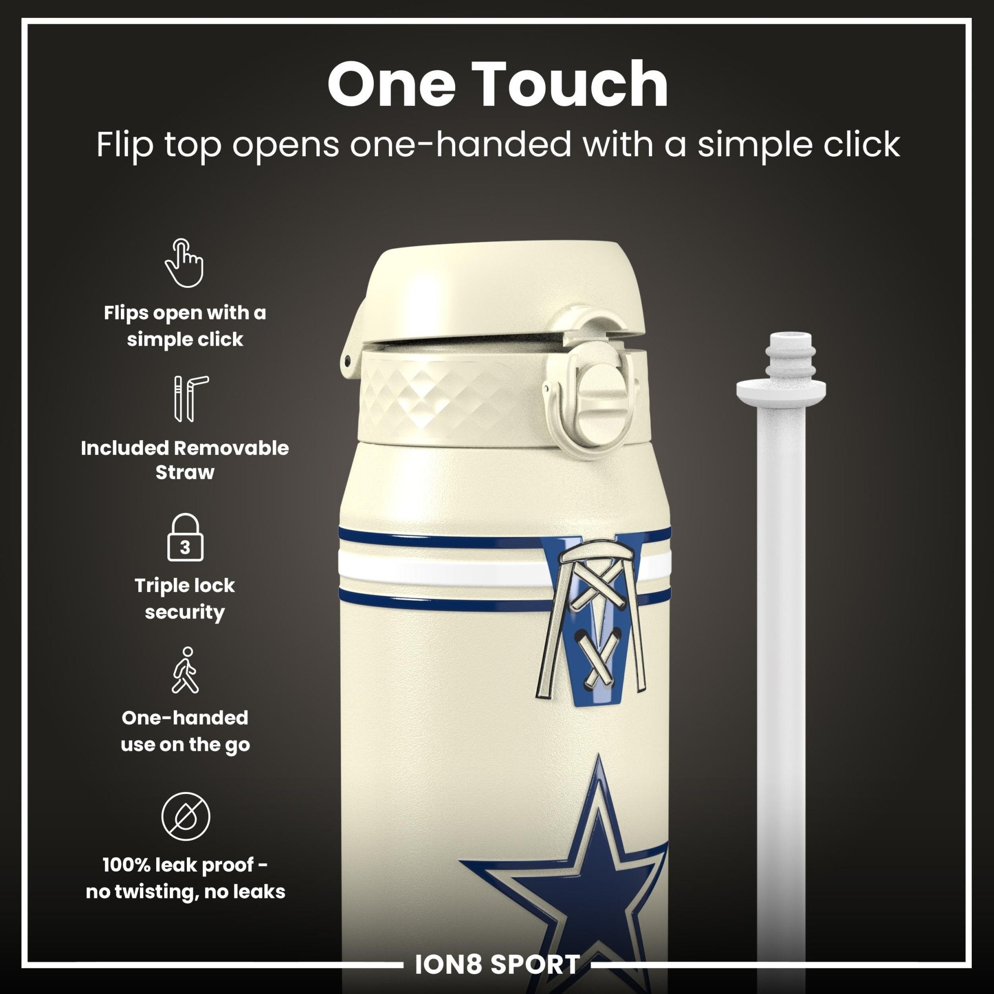 ION8 NFL Cowboys insulated steel water bottle, 750ml (24oz), durable design with team logo, ideal for keeping drinks hot or cold