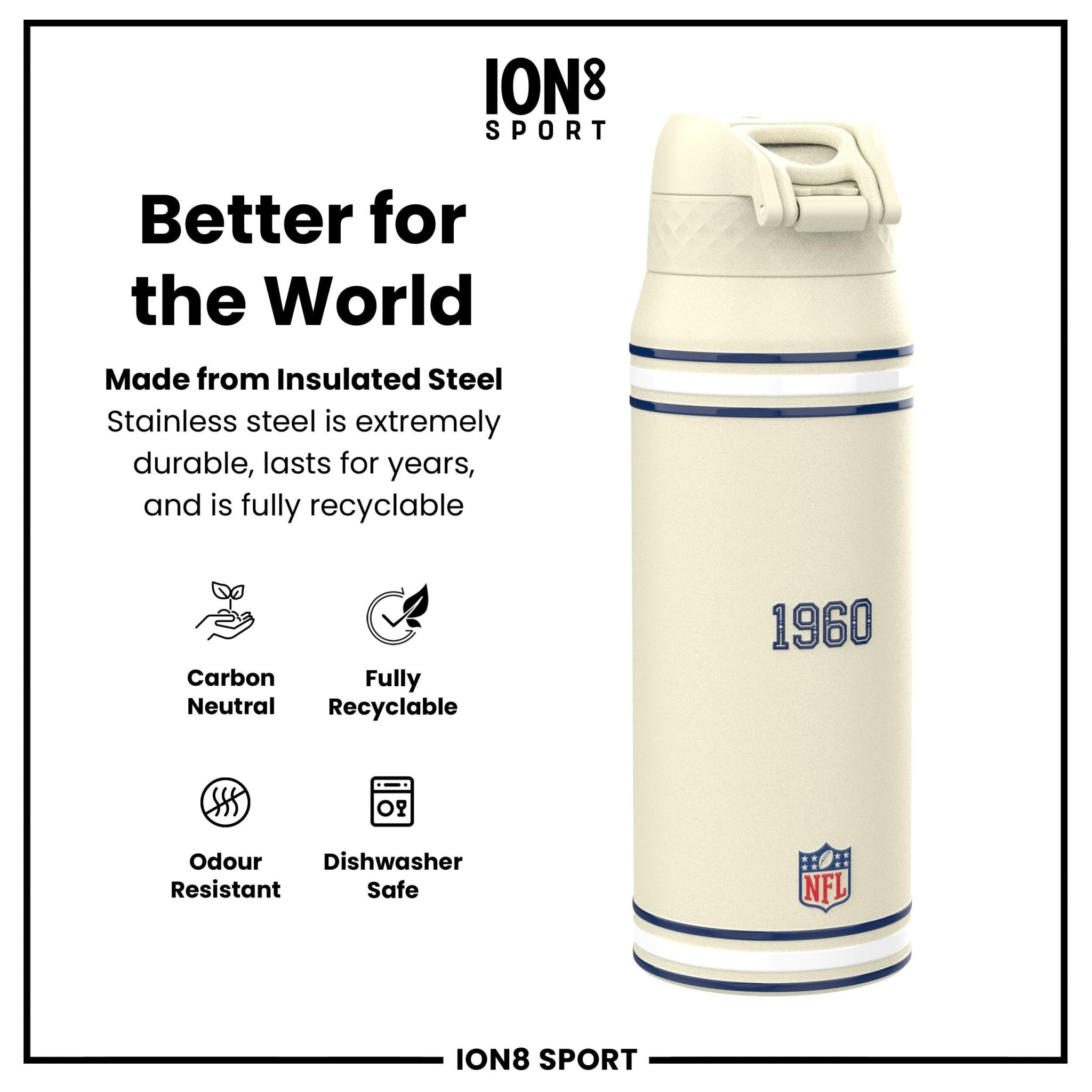 ION8 NFL Cowboys insulated steel water bottle, 750ml (24oz), durable and leak-proof, with team logo and sleek design.