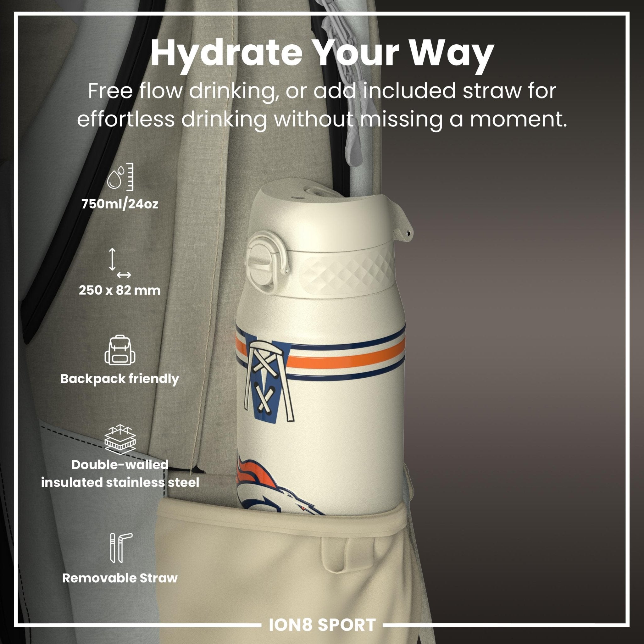 Ion8 NFL Broncos insulated steel water bottle, 750ml, with team logo and durable design for hot and cold beverages.