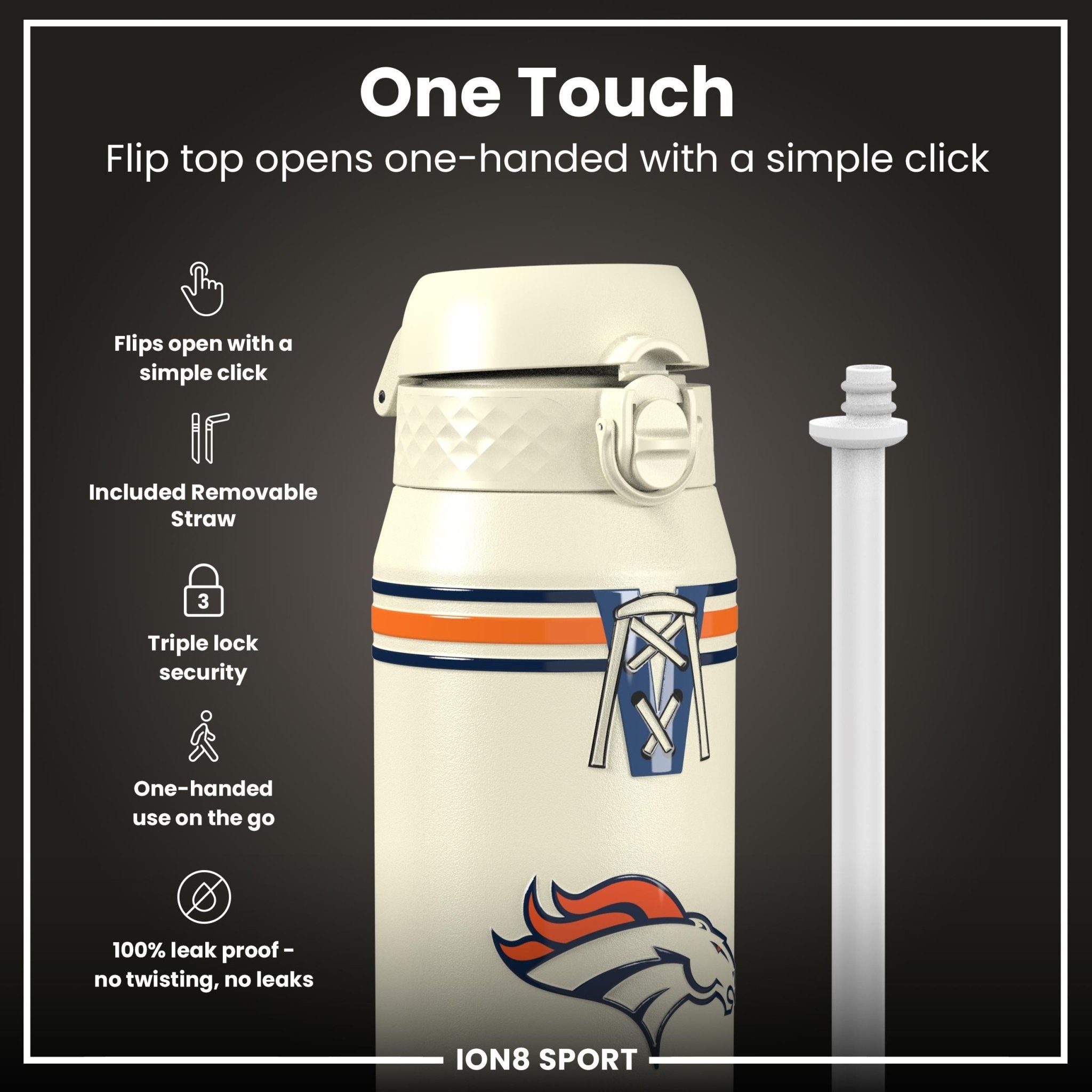 NFL Broncos ION8 insulated steel water bottle, 750ml, durable design with team logo and leak-proof lid for sports and outdoor use