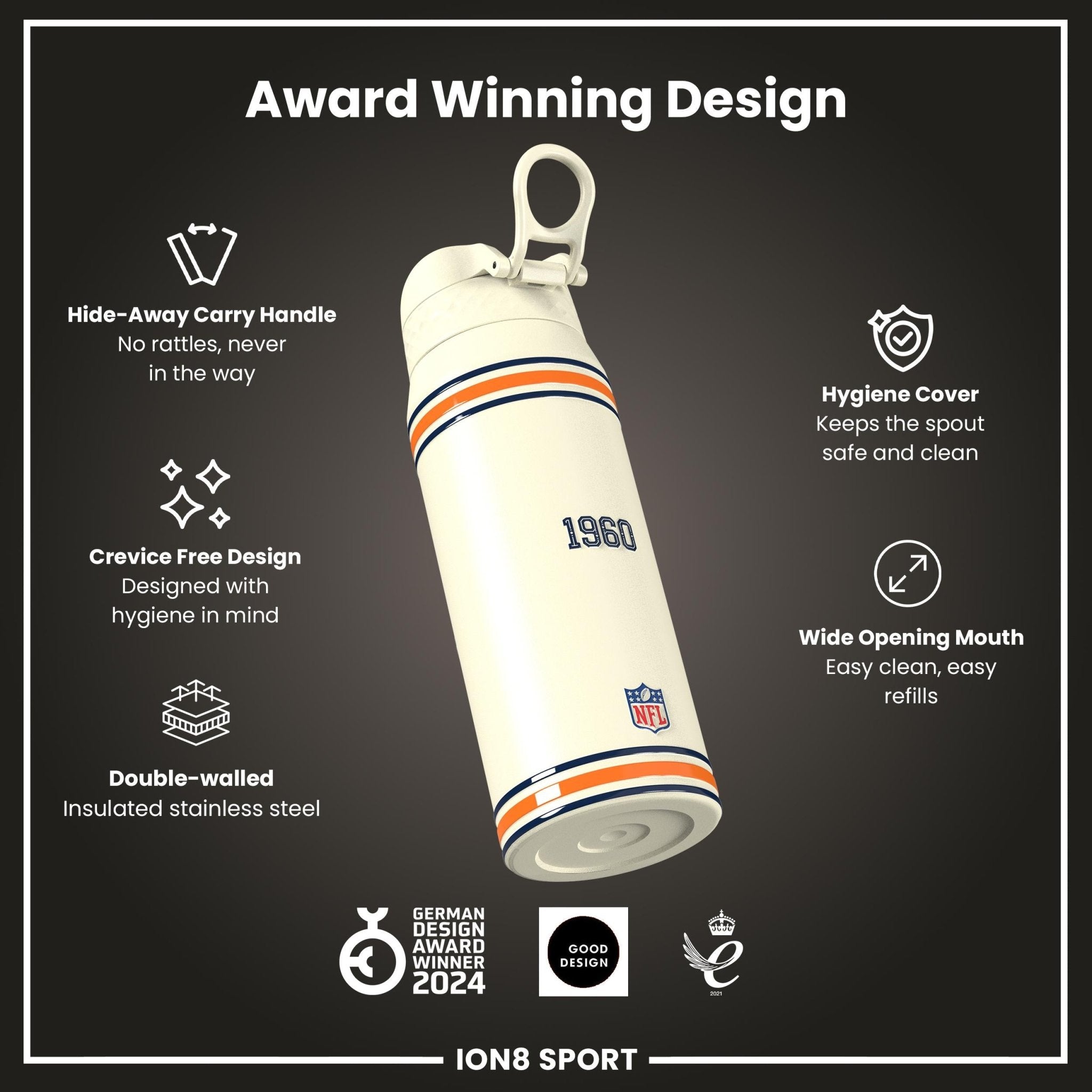 Ion8 insulated steel water bottle featuring NFL Broncos design, 750ml (24oz) capacity, durable and leak-proof for sports and outdoor use.