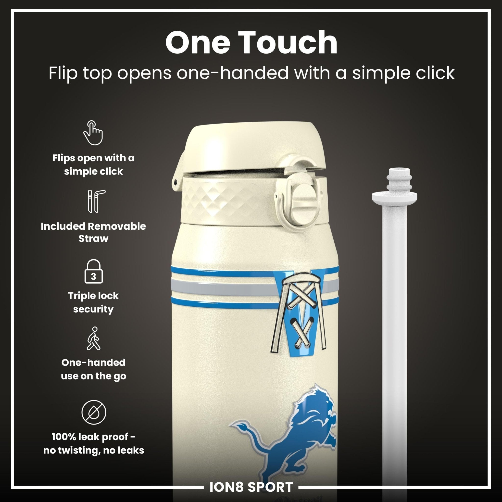 ION8 NFL Lions insulated steel water bottle, 750ml, with team logo and stainless steel construction, ideal for keeping drinks hot or cold.