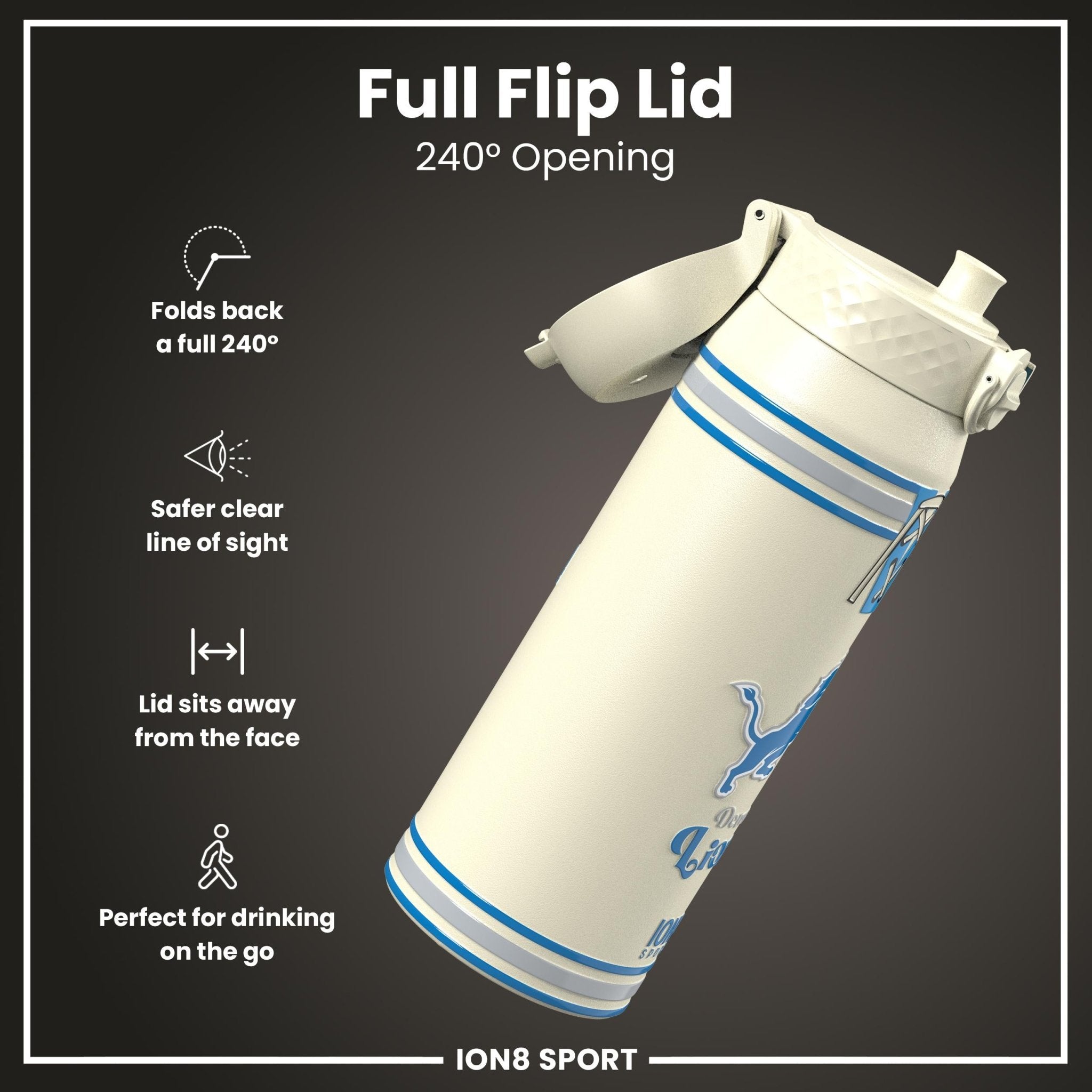 ION8 NFL Lions insulated steel water bottle, 750ml (24oz), durable drink container with team logo and leak-proof design.