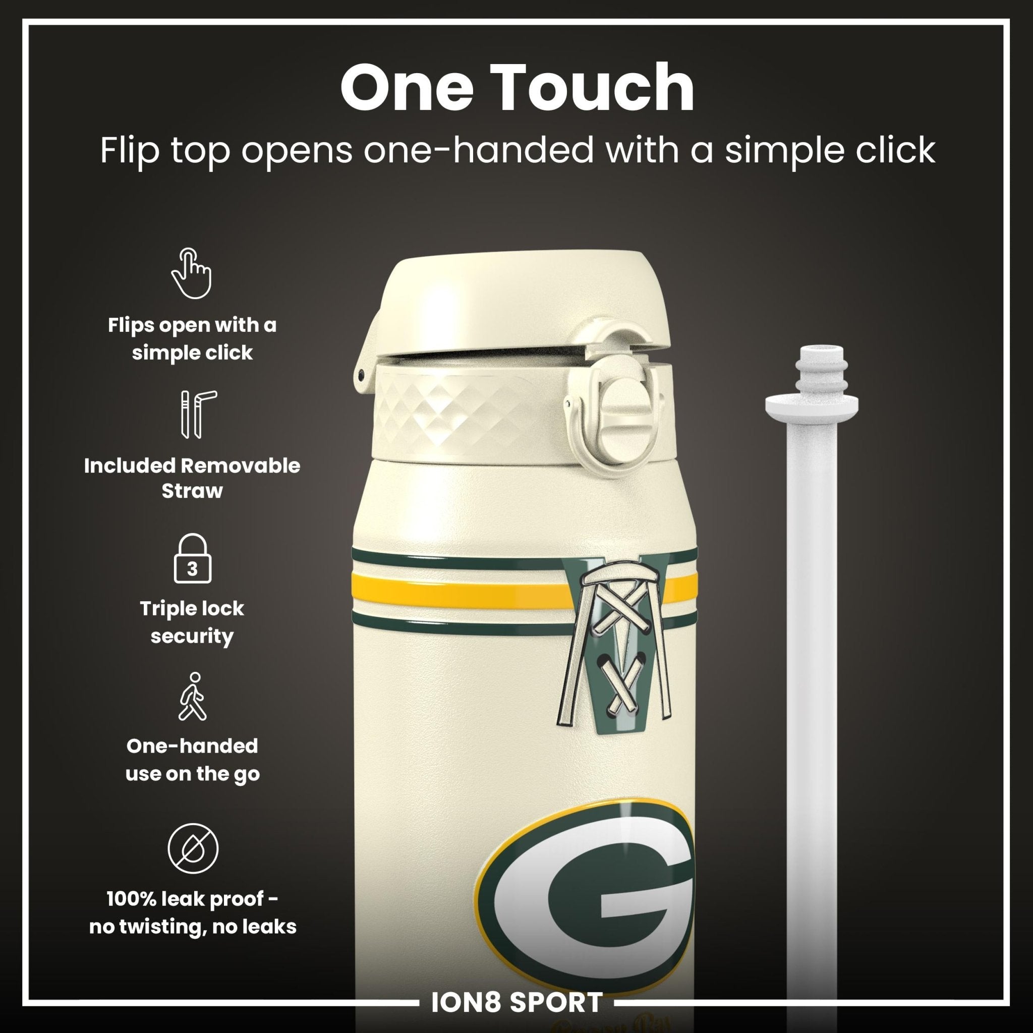 ION8 NFL Packers insulated steel water bottle, 750ml (24oz), with team logo and durable design, ideal for keeping drinks cold or hot.