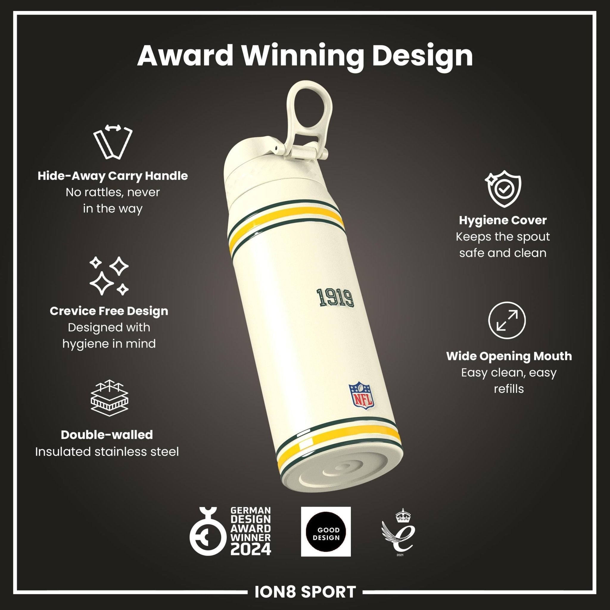 NFL x ION8 insulated steel water bottle with Packers logo, 750ml capacity, durable design, and leak-proof lid for hydration.