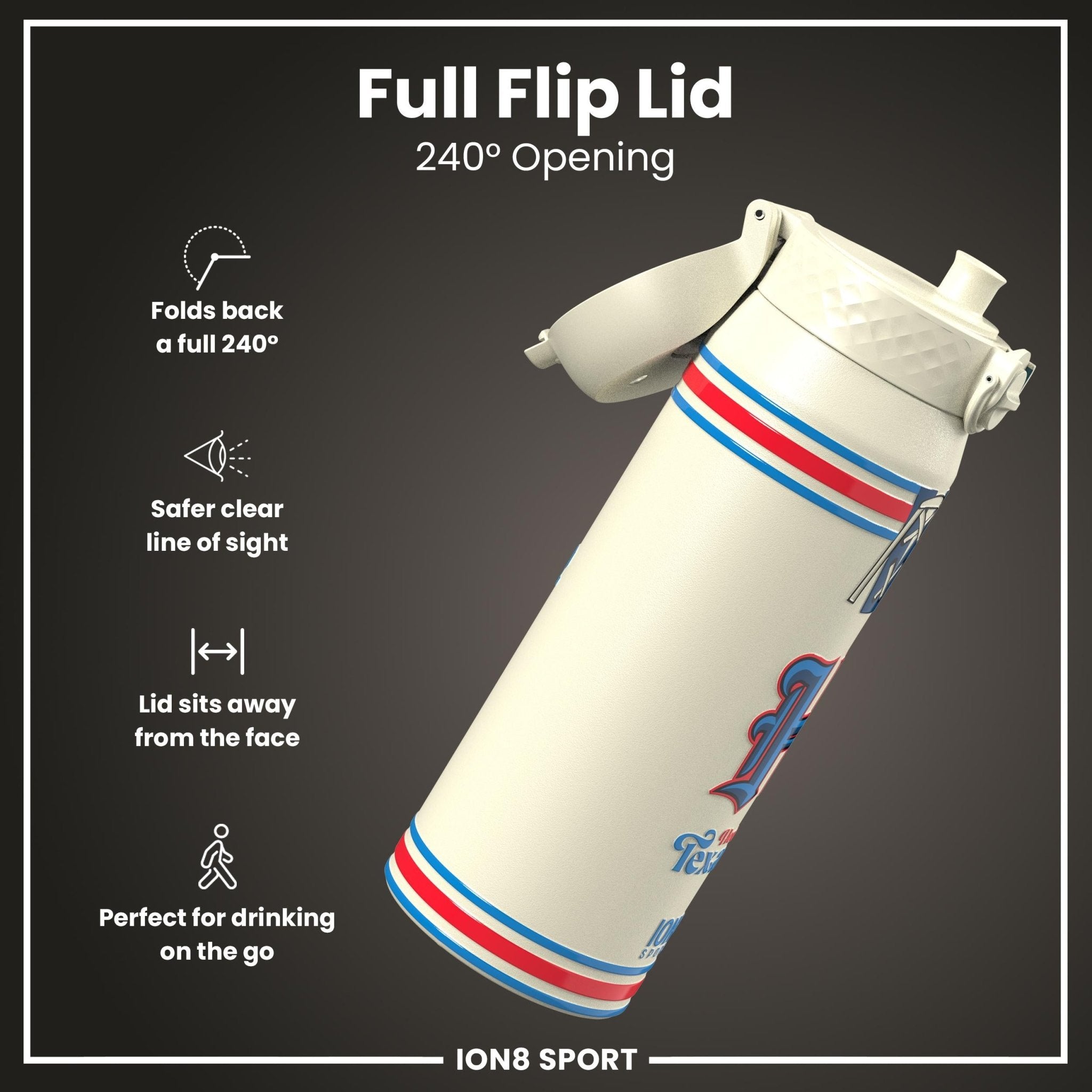 Ion8 insulated steel water bottle with NFL Texans logo, 750ml capacity, durable design, and leak-proof lid.