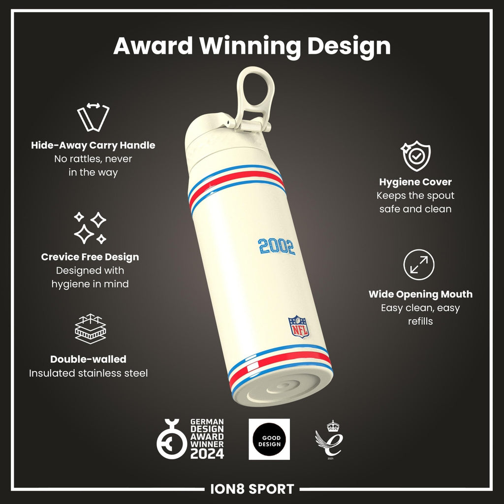 ION8 NFL Texans insulated steel water bottle, 750ml, with team logo and durable design, perfect for keeping drinks hot or cold.