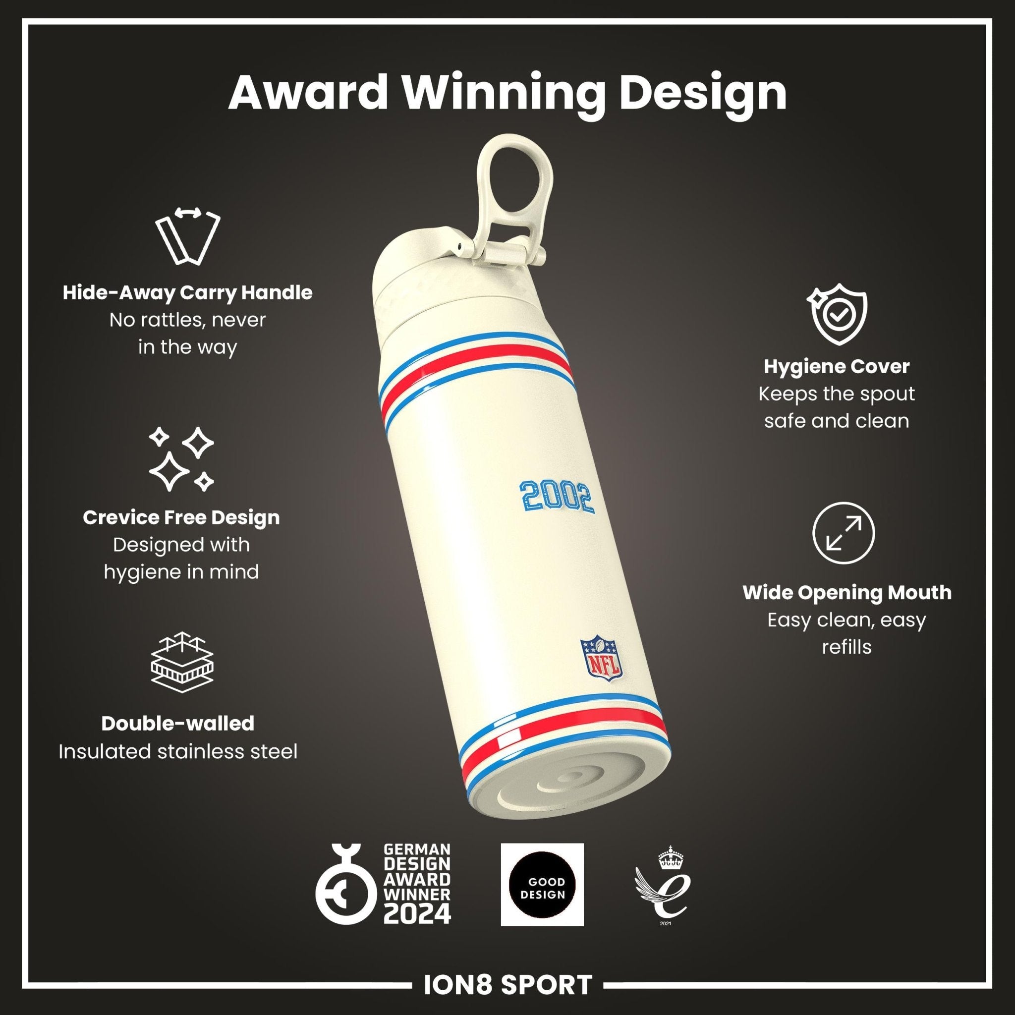 ION8 NFL Texans insulated steel water bottle, 750ml, with team logo and durable design, perfect for keeping drinks hot or cold.