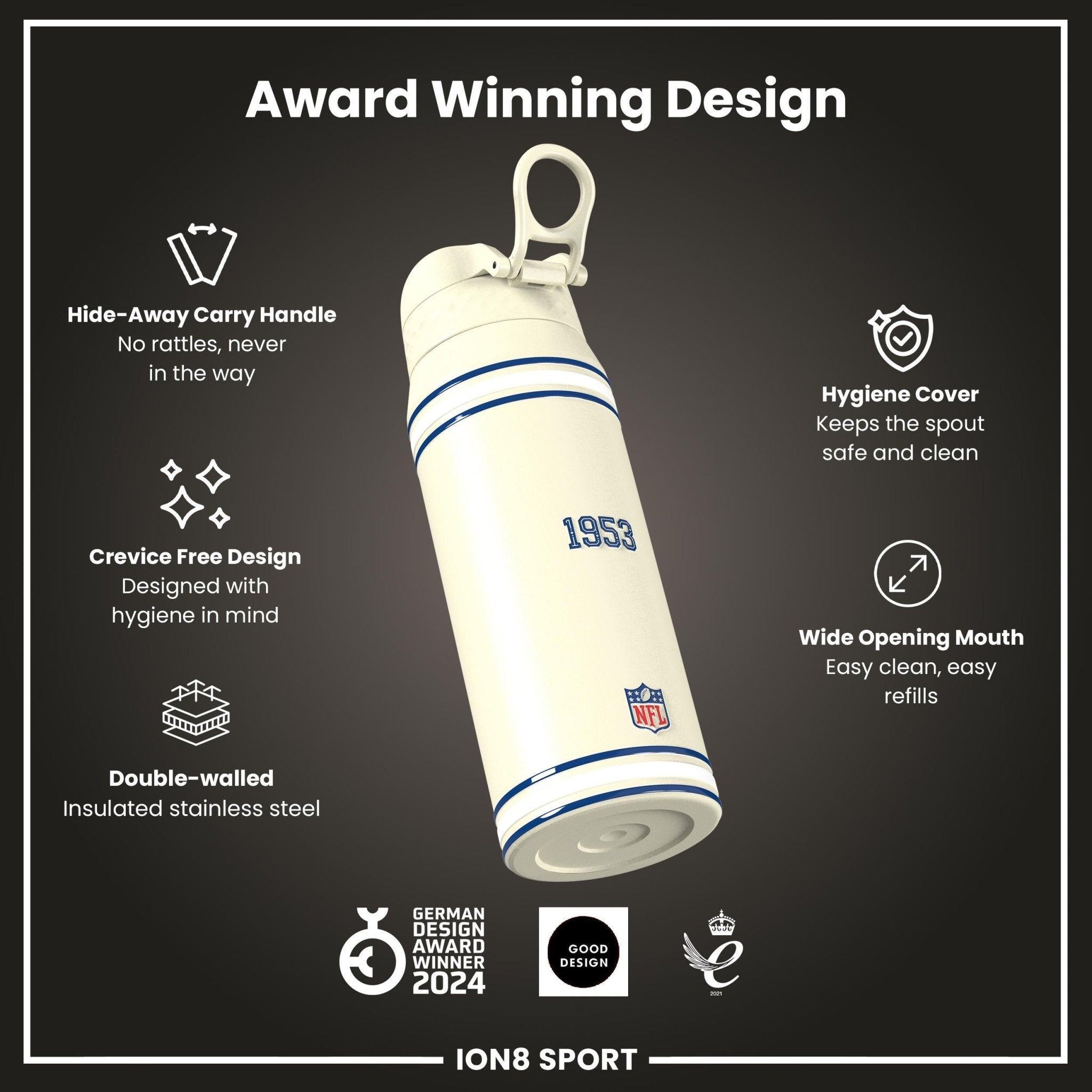 ION8 NFL Colts insulated steel water bottle, 750ml (24oz), durable, stainless steel drink container with team logo.