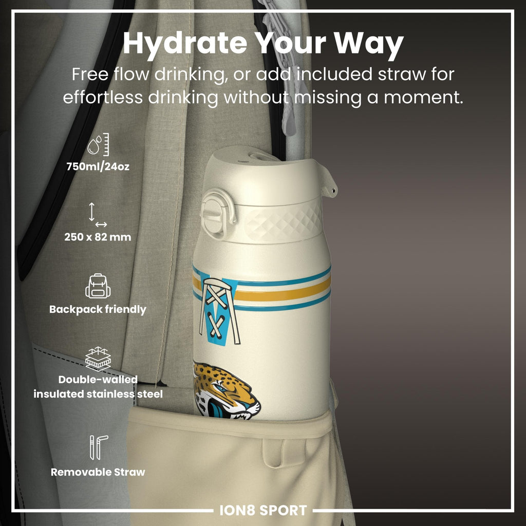 Ion8 insulated steel water bottle featuring NFL Jaguars logo, 750ml capacity, stainless steel construction, and leak-proof design.