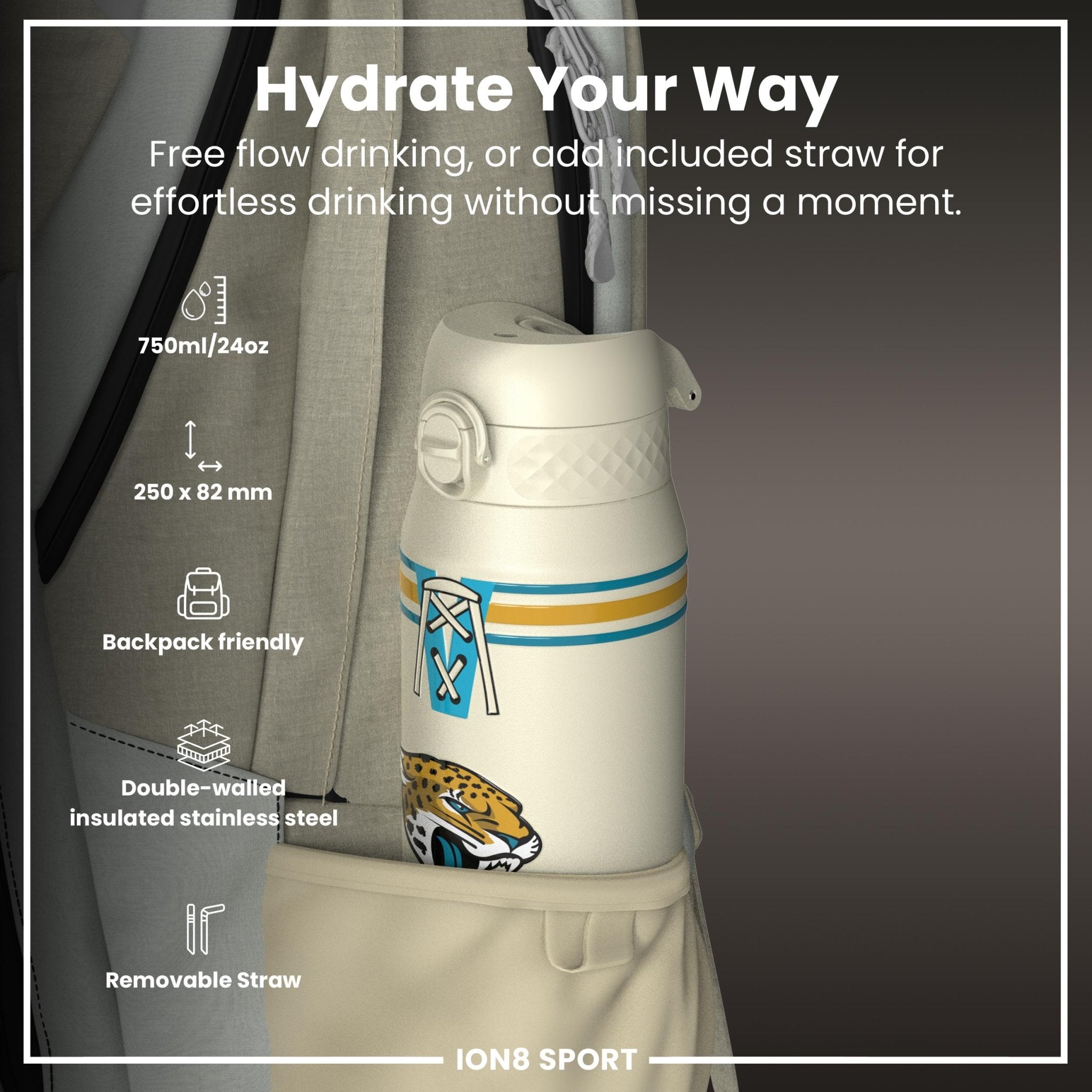 Ion8 insulated steel water bottle featuring NFL Jaguars logo, 750ml capacity, stainless steel construction, and leak-proof design.