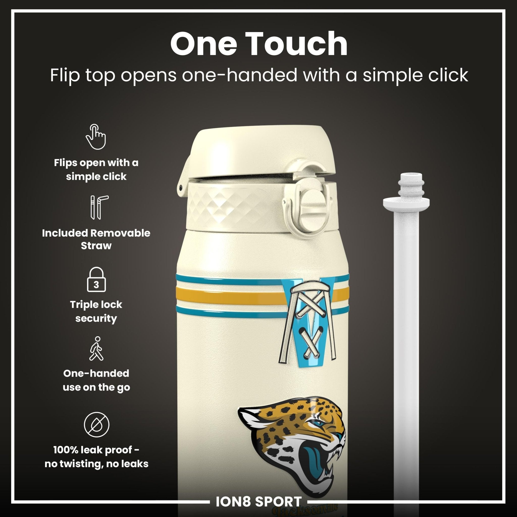 ION8 NFL Jaguars insulated steel water bottle, 750ml, with team logo and sleek design, perfect for hydration on the go.