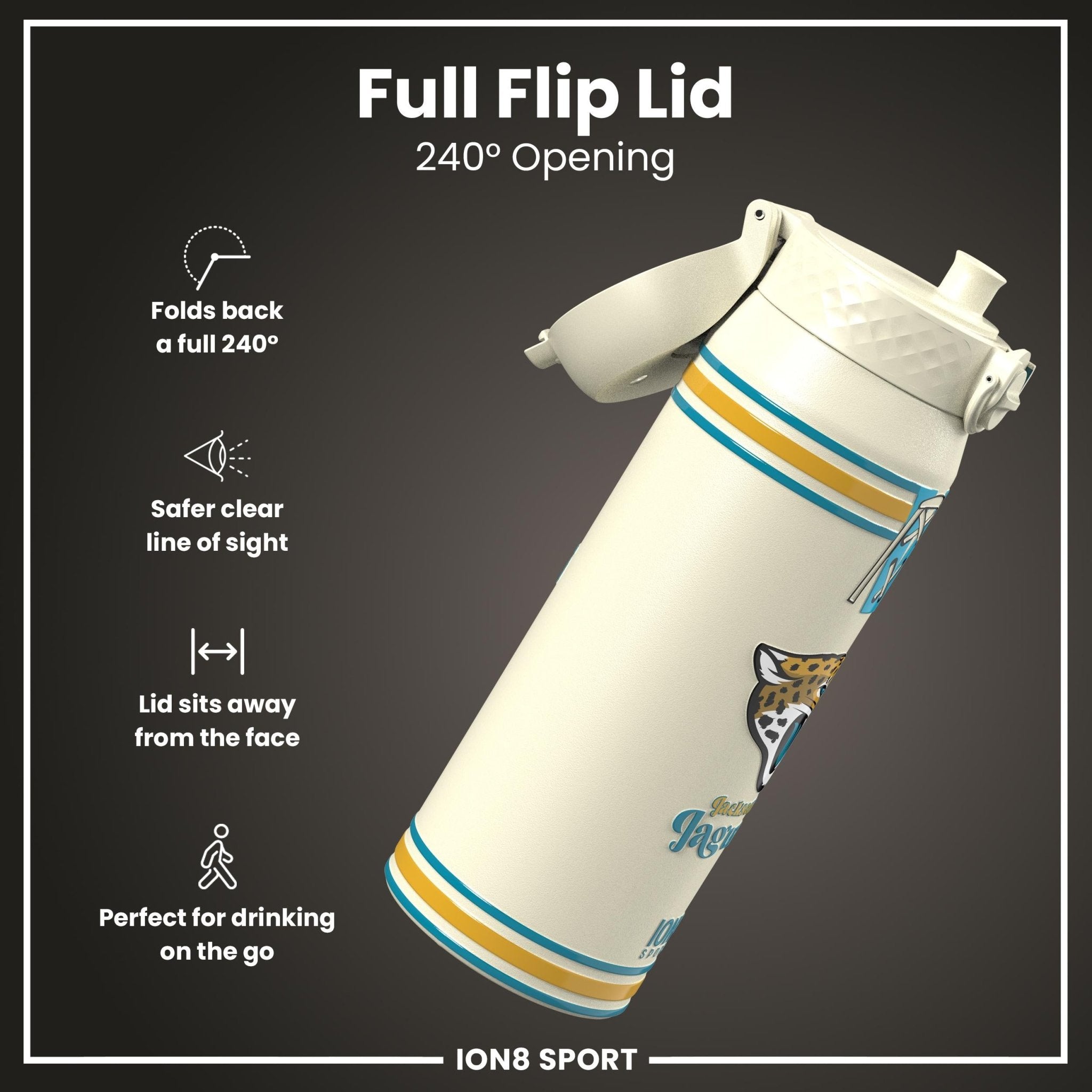 Ion8 NFL Jaguars insulated steel water bottle, 750ml, durable design with team logo, perfect for sports and outdoor use.