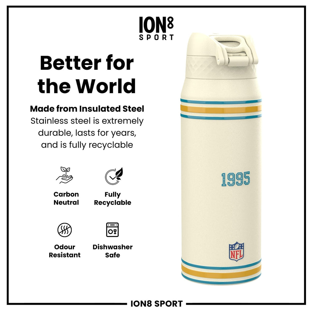 ION8 NFL Jaguars insulated steel water bottle, 750ml, durable drink container with team logo and secure lid.