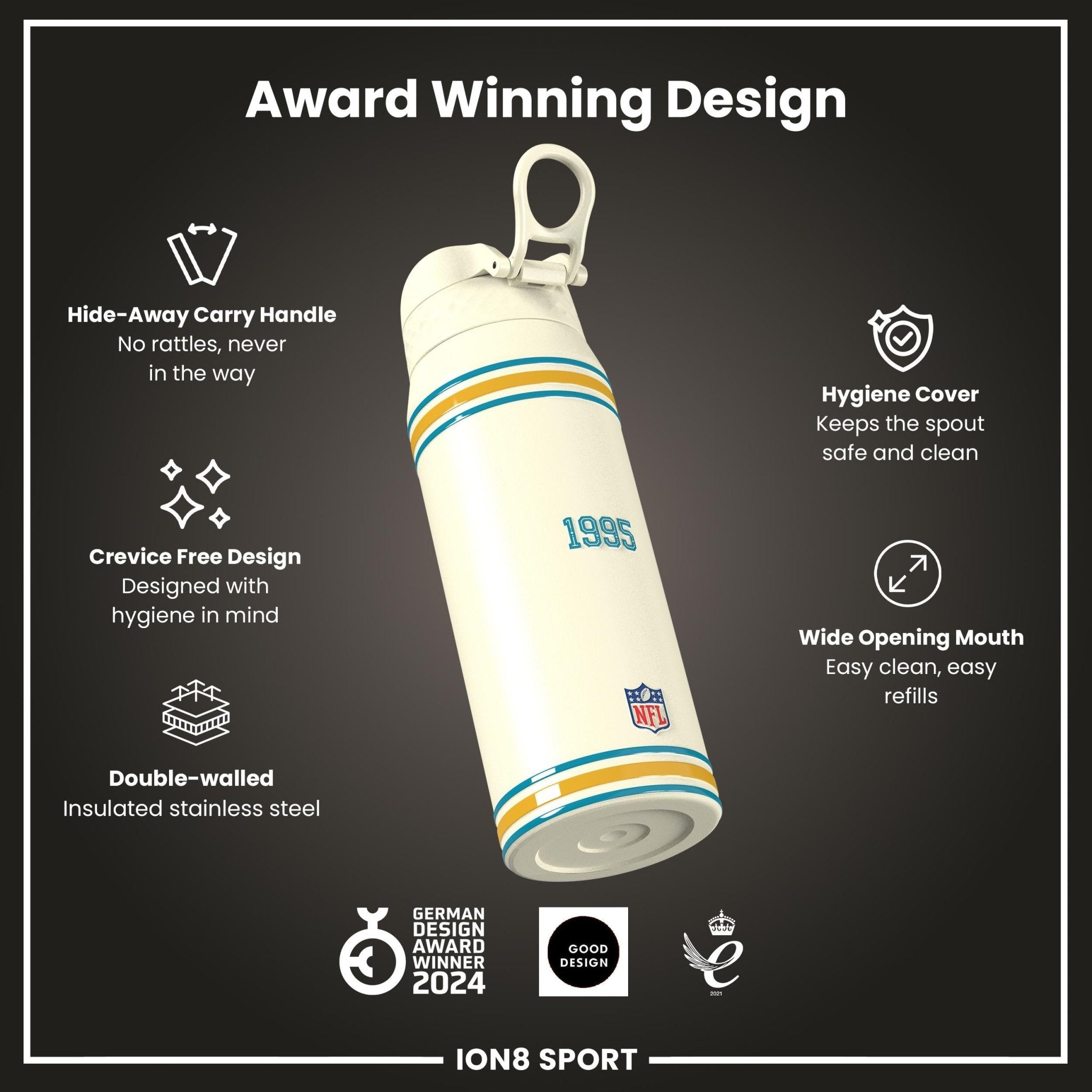 Ion8 NFL Jaguars insulated steel water bottle, 750ml, with team logo, durable design, and leak-proof cap.