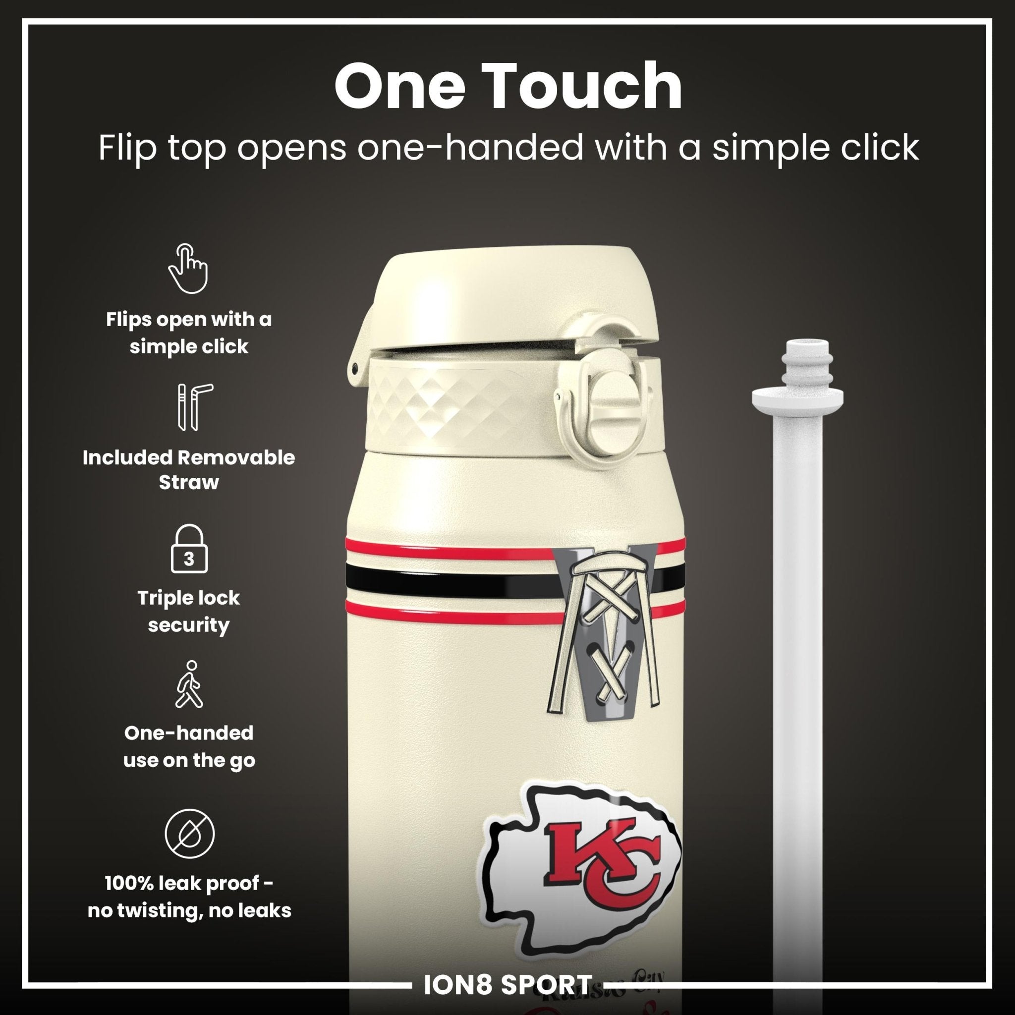 ION8 NFL Chiefs insulated steel water bottle, 750ml (24oz), with team logo, durable design, and leak-proof lid.