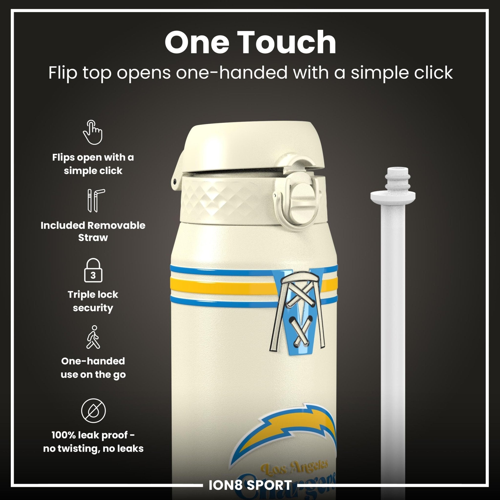 ION8 NFL Chargers insulated steel water bottle, 750ml (24oz), durable and leak-proof with Chargers logo, black finish.