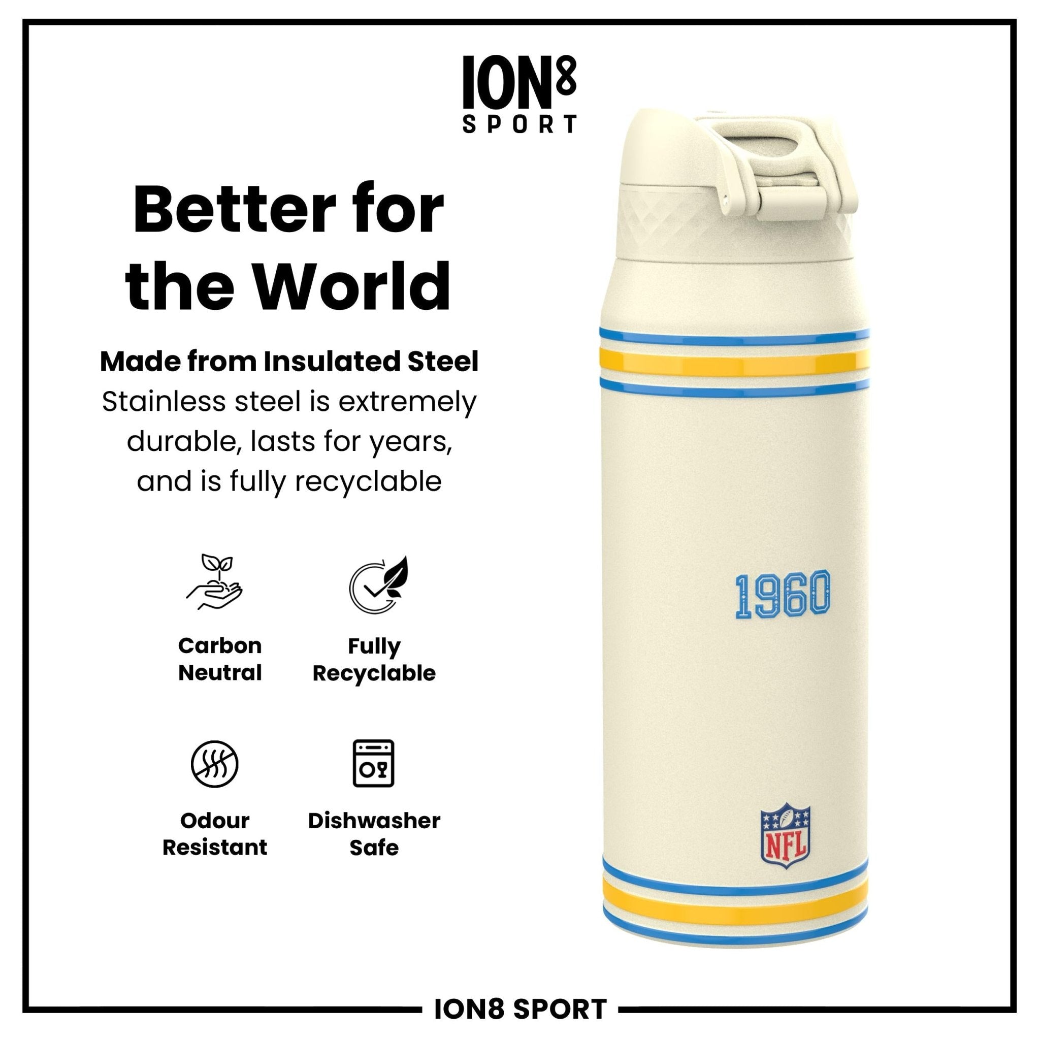 ION8 NFL Chargers insulated steel water bottle, 750ml (24oz), durable steel with Chargers logo and black finish.