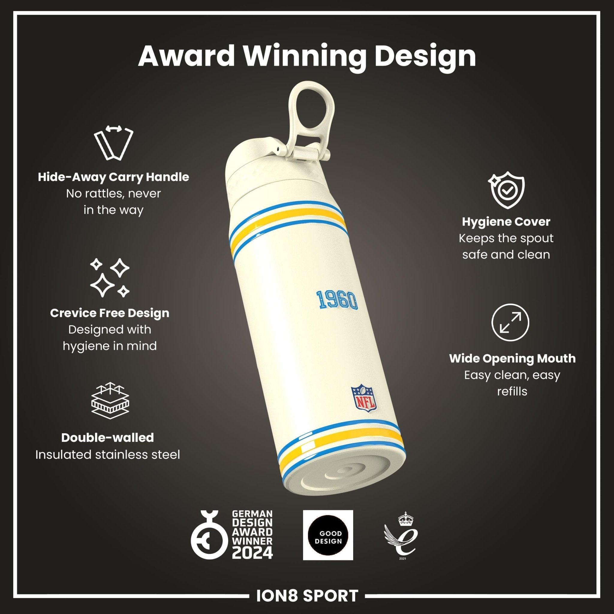 Ion8 NFL Chargers insulated steel water bottle, 750ml, black, with Chargers logo, durable and leak-proof for sports and travel.