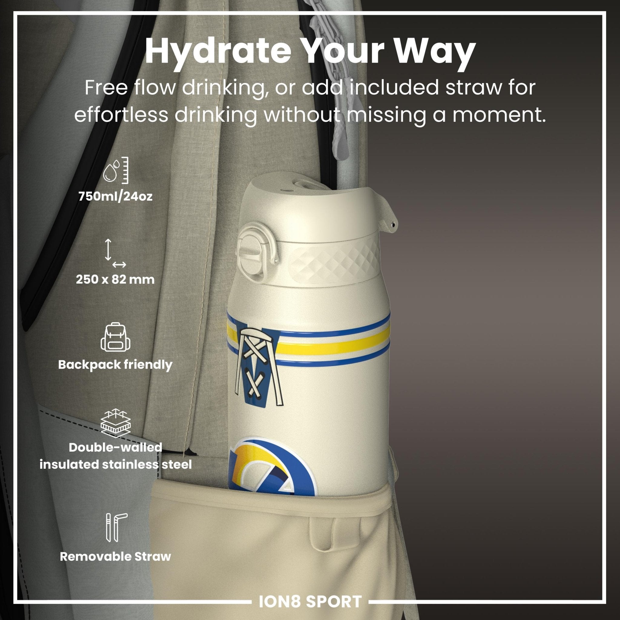 ION8 NFL Rams insulated steel water bottle, 750ml, with team logo and durable design for keeping drinks hot or cold.