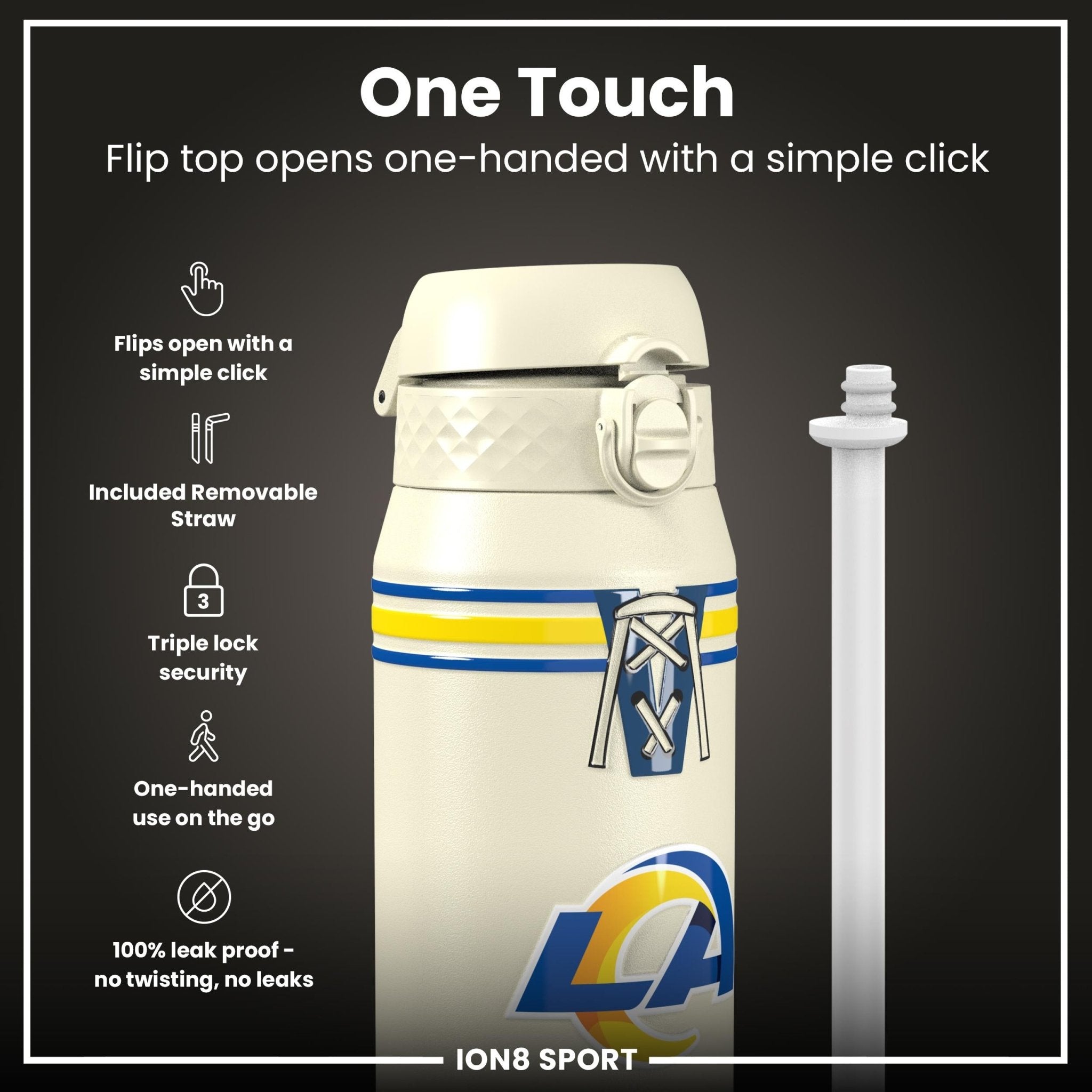 Ion8 insulated steel water bottle featuring NFL Rams logo, 750ml (24oz) capacity, durable design for hydration on the go.