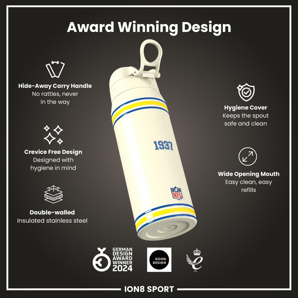 ION8 NFL Rams insulated steel water bottle, 750ml, with team logo and durable design for hot and cold beverages