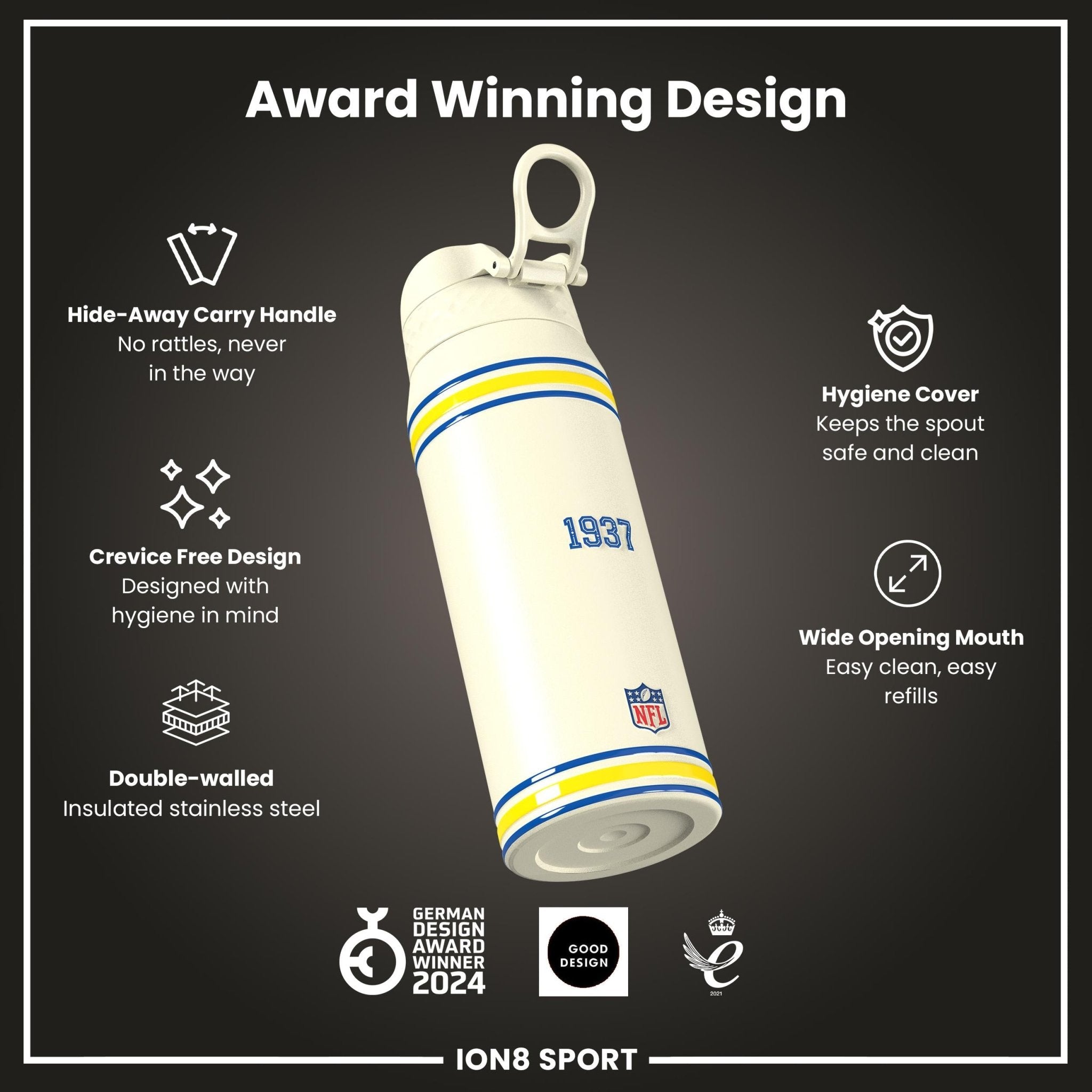 ION8 NFL Rams insulated steel water bottle, 750ml, with team logo and durable design for hot and cold beverages