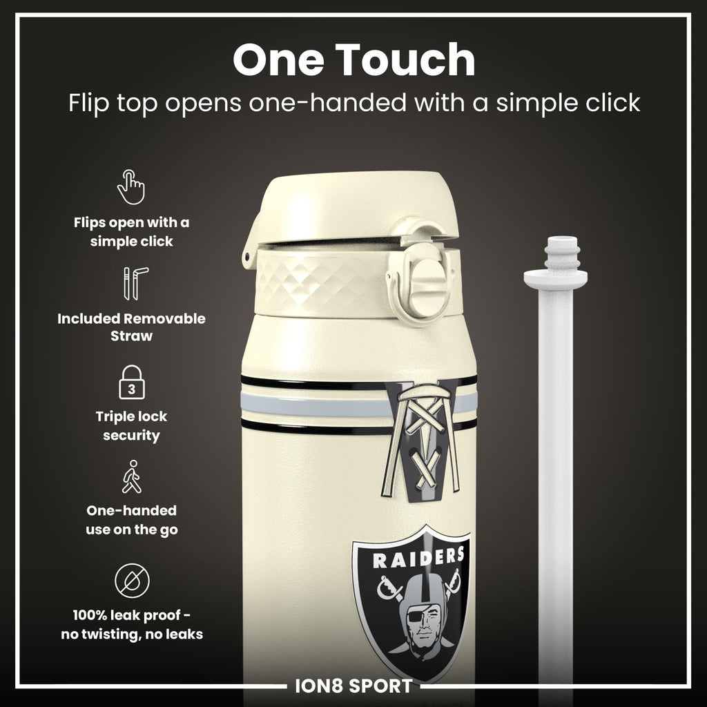 NFL Raiders insulated steel water bottle by ION8, 750ml (24oz), featuring team logo and stainless steel construction.