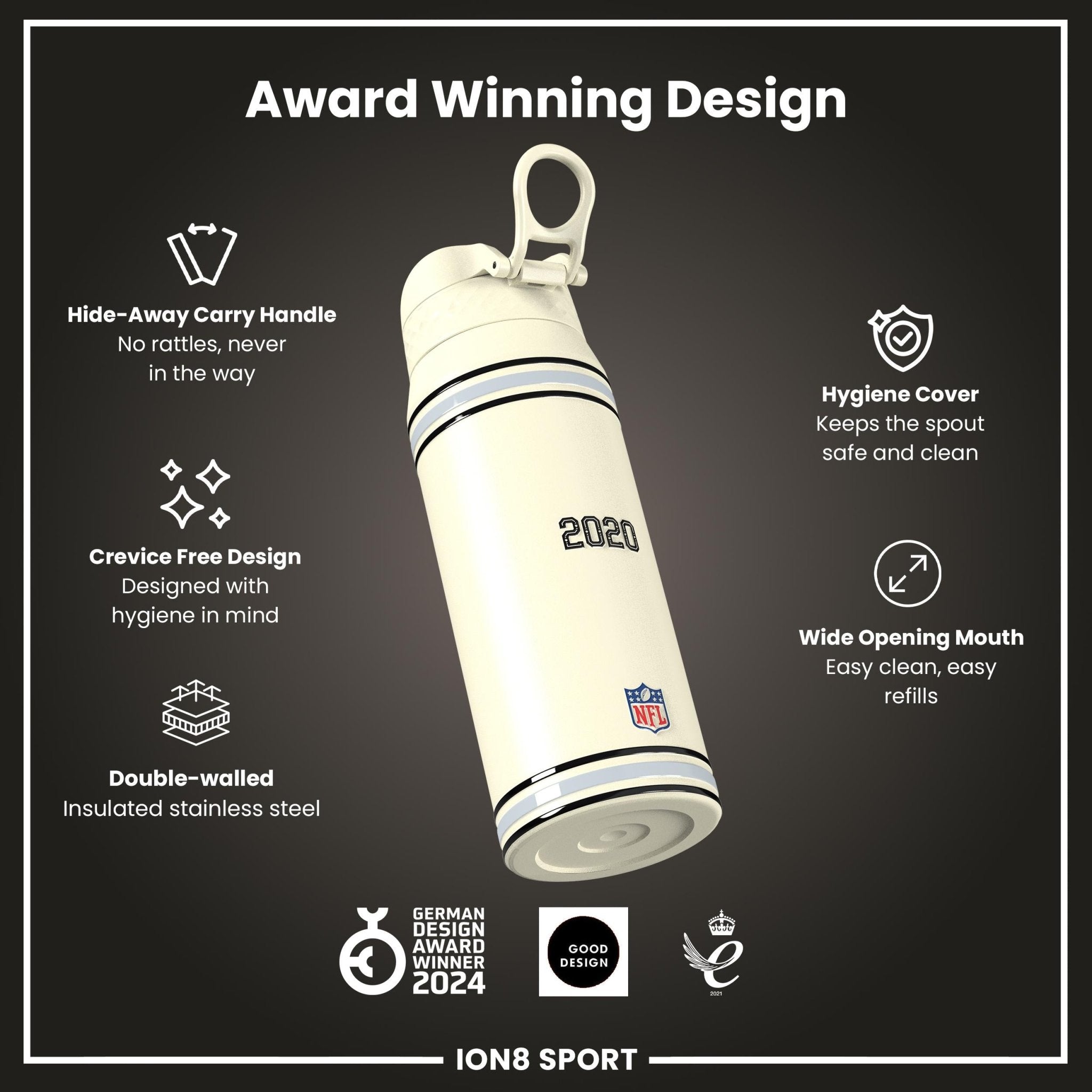 ION8 NFL Raiders insulated steel water bottle, 750ml (24oz), durable design with Raiders logo and leak-proof lid.