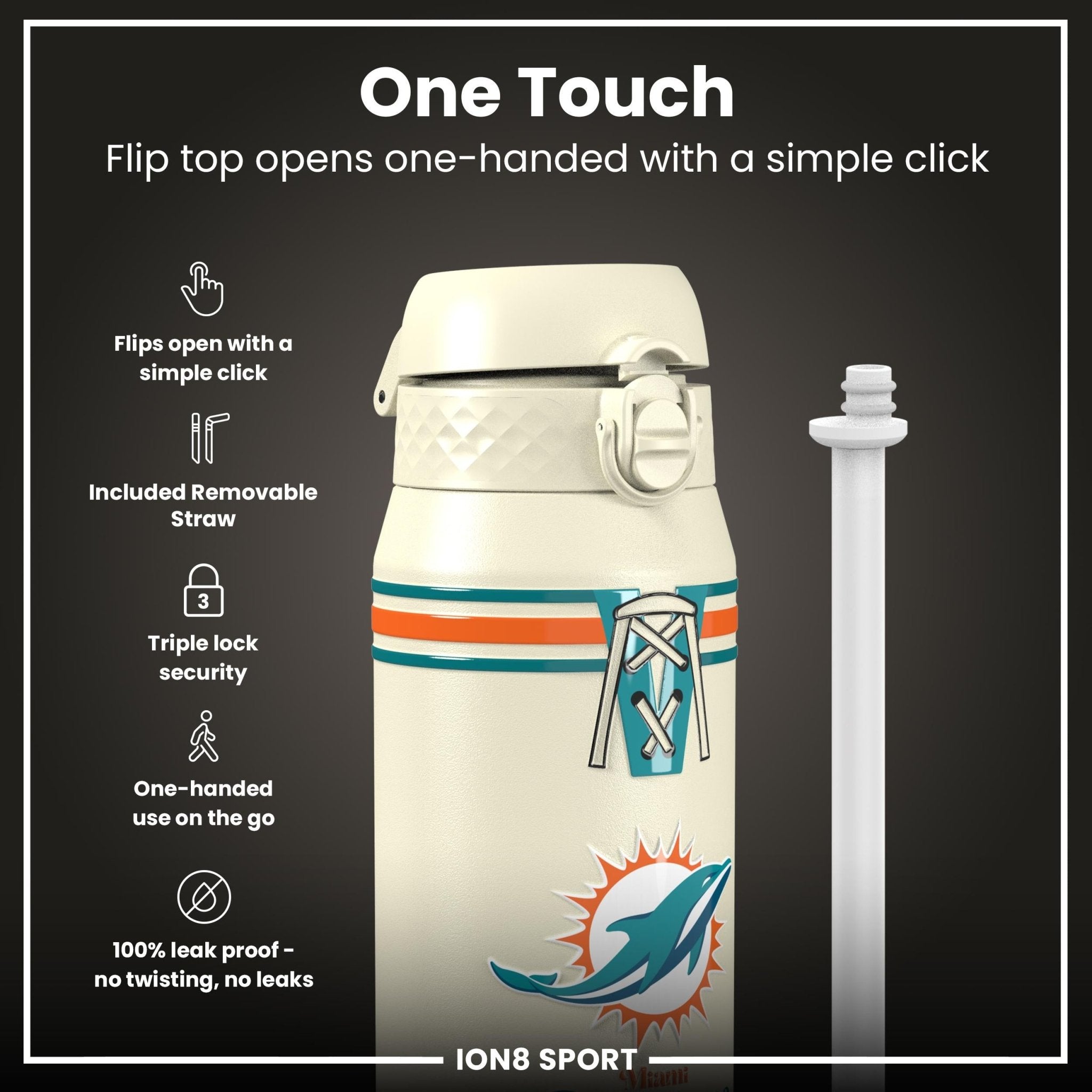 Ion8 NFL Dolphins insulated steel water bottle, 750ml, with Dolphins logo and sleek design, perfect for keeping drinks cold.