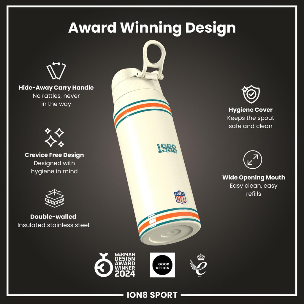 ION8 NFL Dolphins insulated steel water bottle, 750ml, with Dolphins logo and stainless steel design for hot or cold beverages