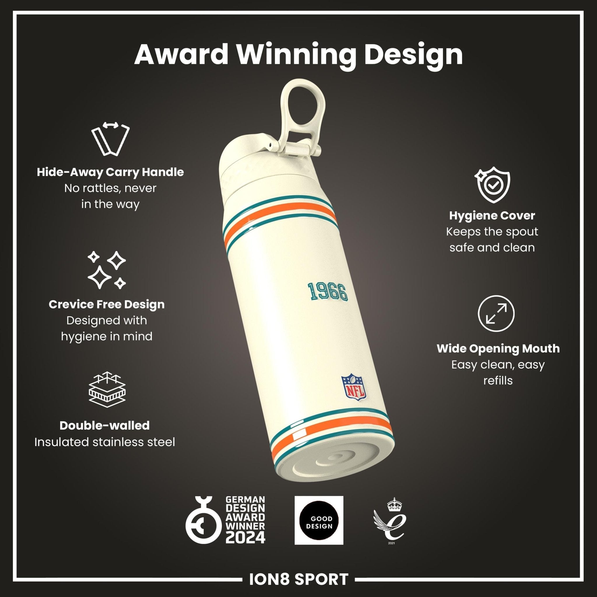 ION8 NFL Dolphins insulated steel water bottle, 750ml, with Dolphins logo and stainless steel design for hot or cold beverages