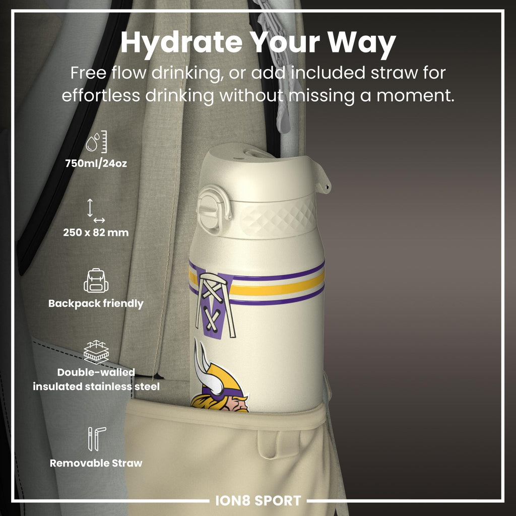 ION8 NFL Vikings insulated steel water bottle, 750ml, with team logo and durable stainless steel construction.