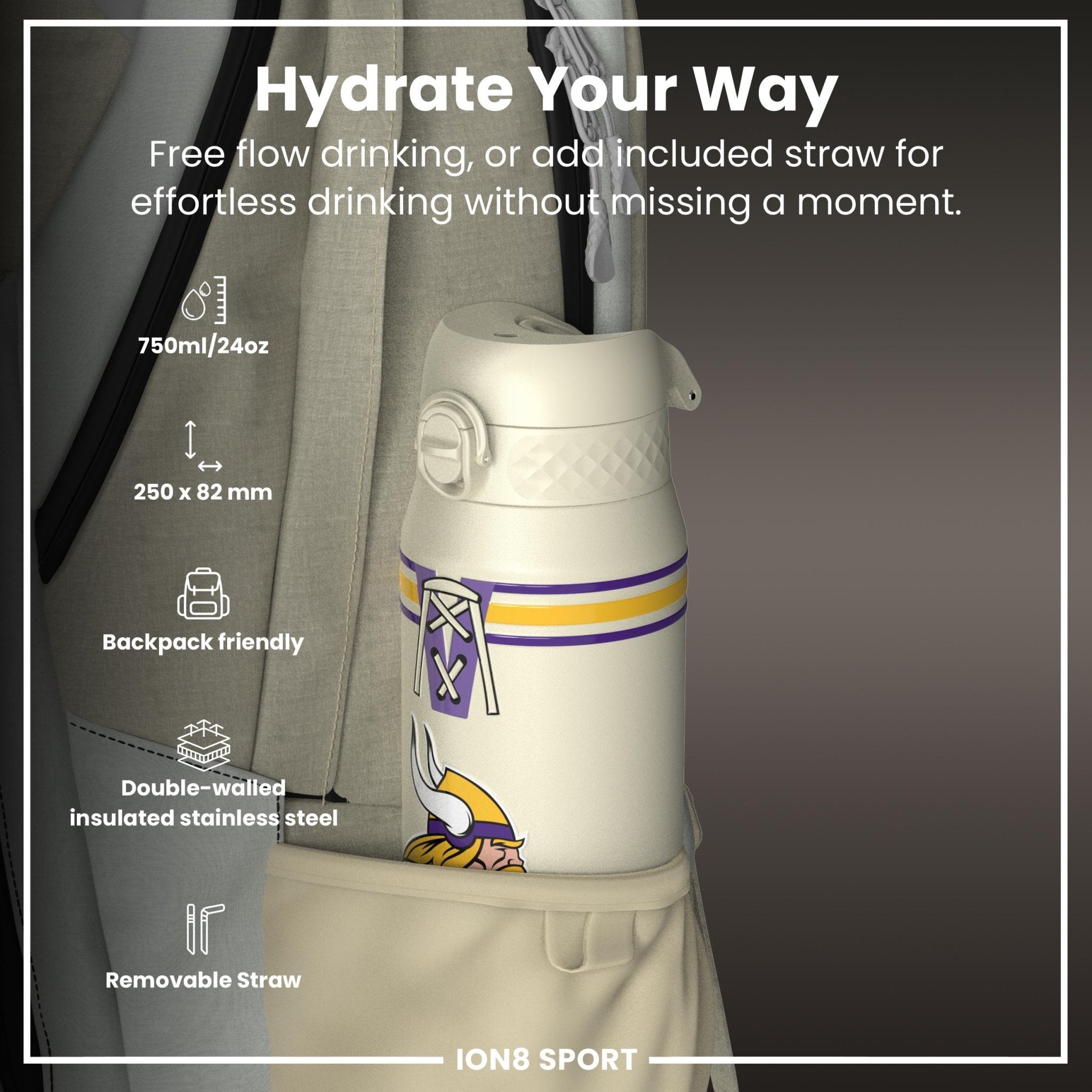 ION8 NFL Vikings insulated steel water bottle, 750ml, with team logo and durable stainless steel construction.